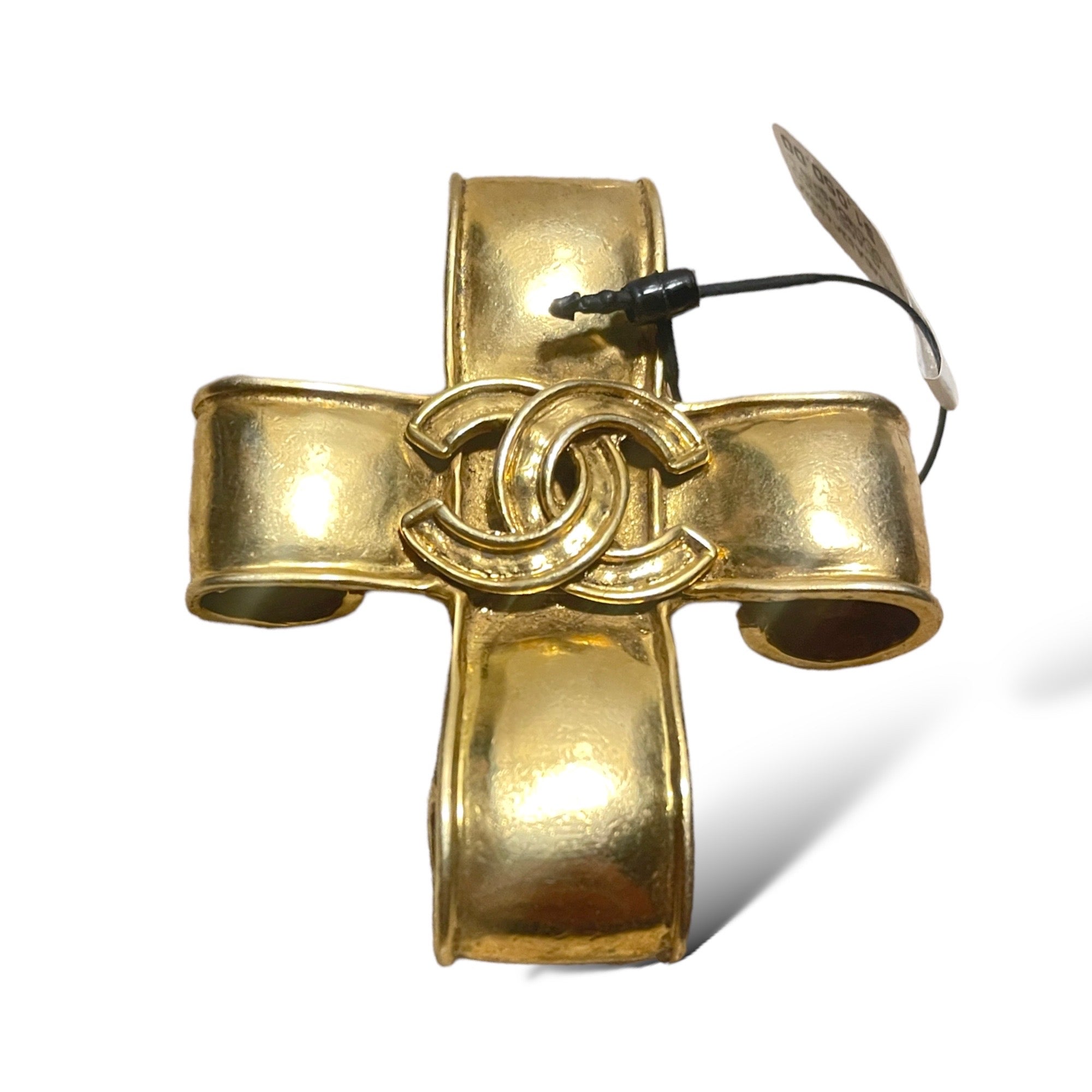 CHANEL Vintage Gold Ribbon CC Cross LARGE Brooch Pin Circa 94’
