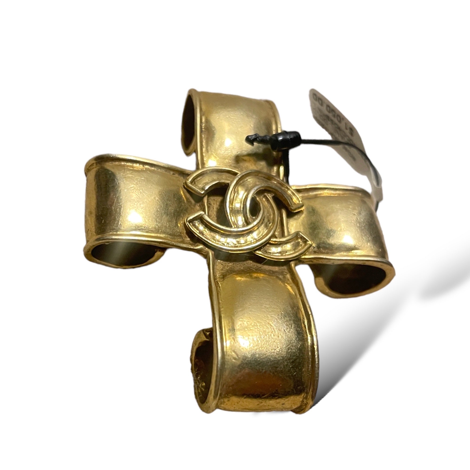 CHANEL Vintage Gold Ribbon CC Cross LARGE Brooch Pin Circa 94’