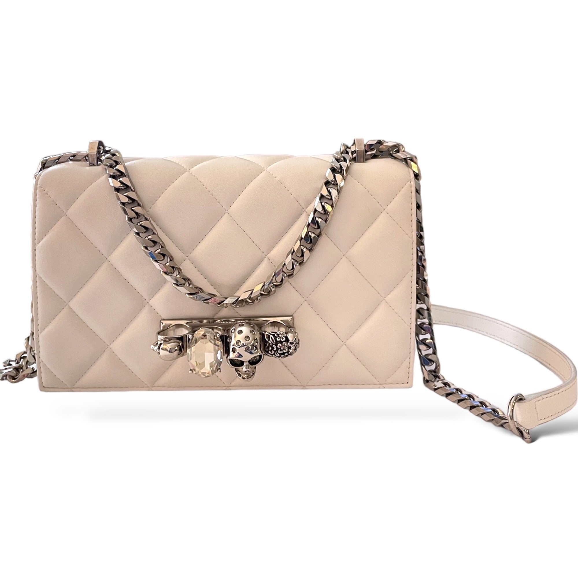 ALEXANDER MCQUEEN White Quilted Leather Jeweled Knuckle Shoulder Bag