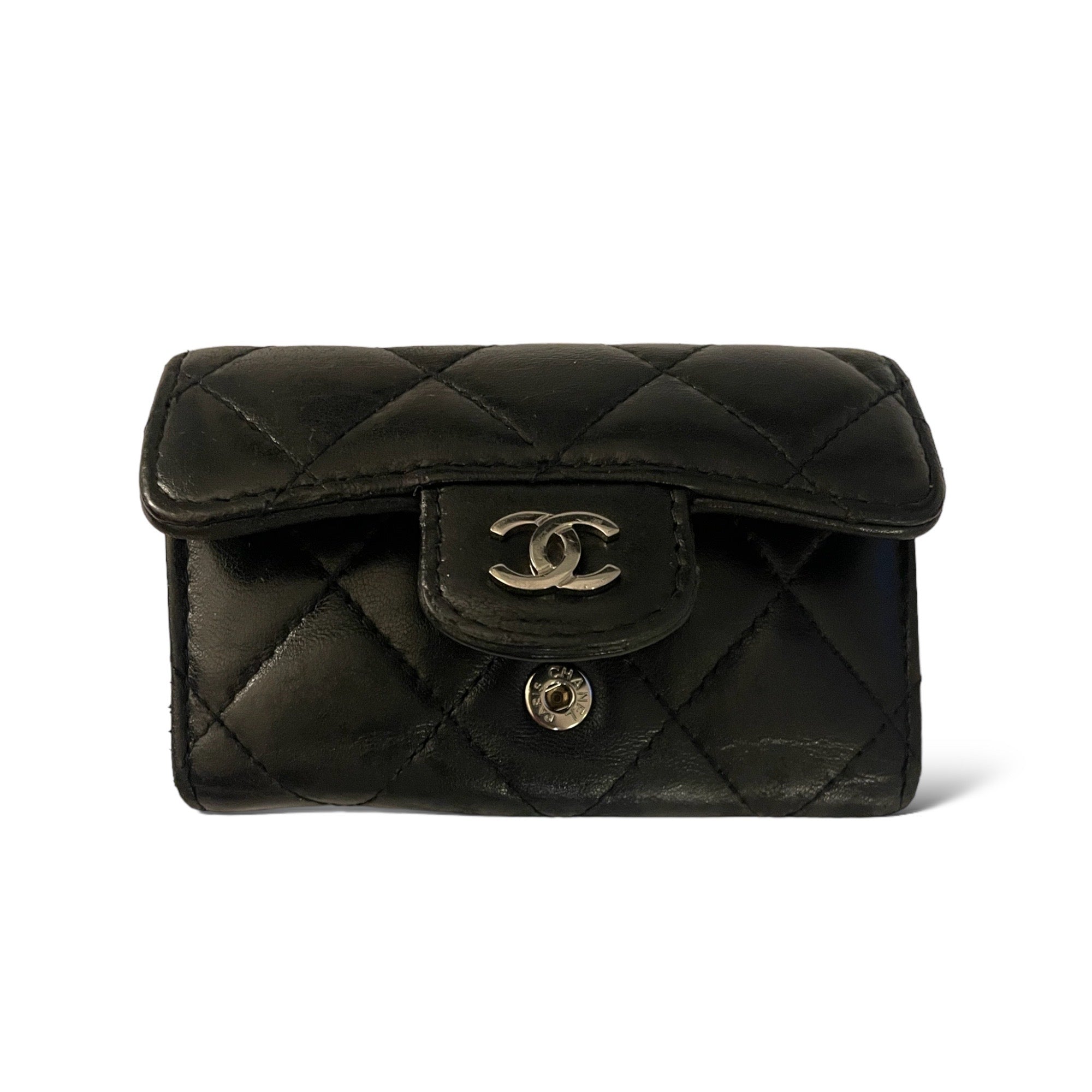 CHANEL Vintage Key & Card Holder in Quilted Black Leather
