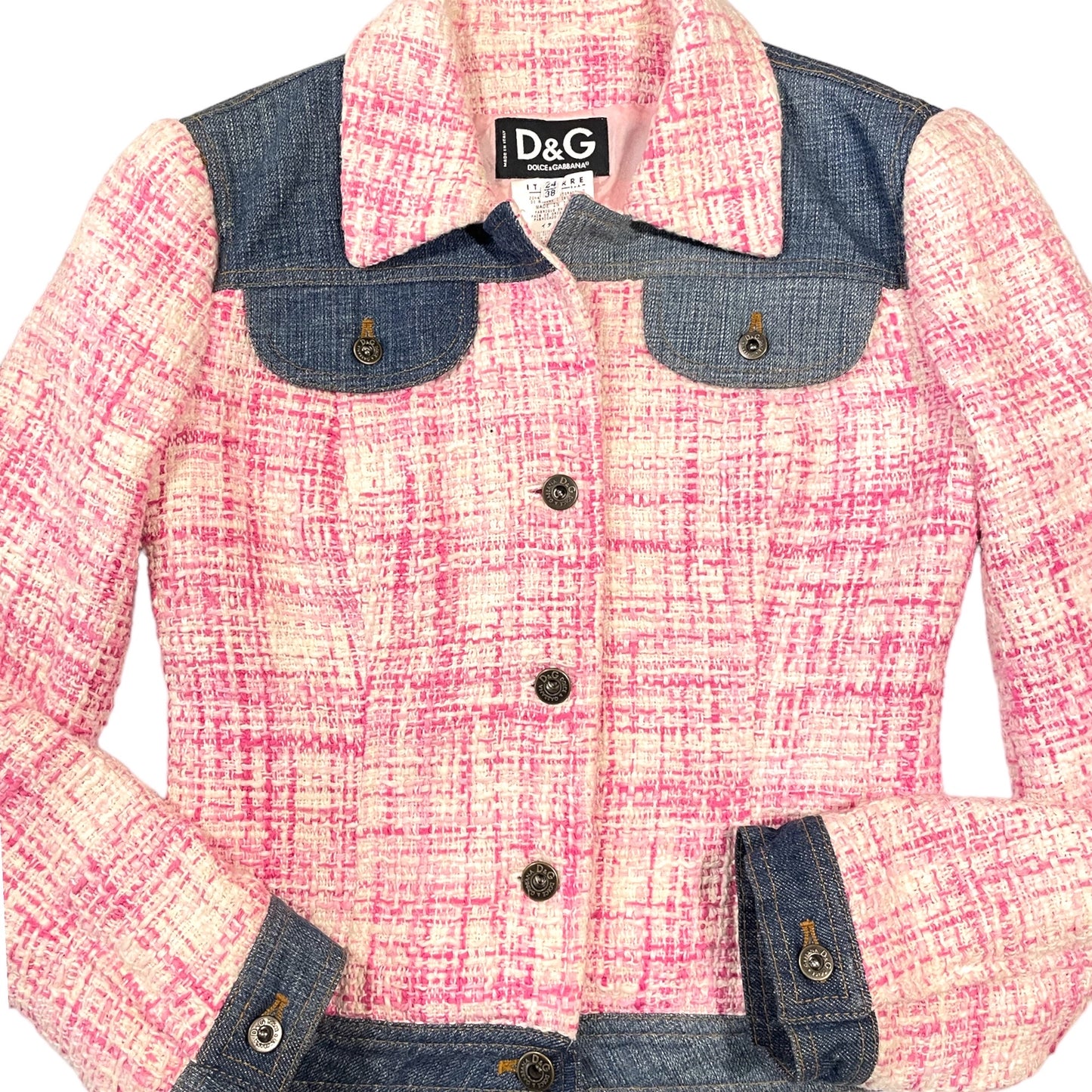 DOLCE & GABBANA Pink Tweed & Denim Fitted Jacket | Size: 38 |