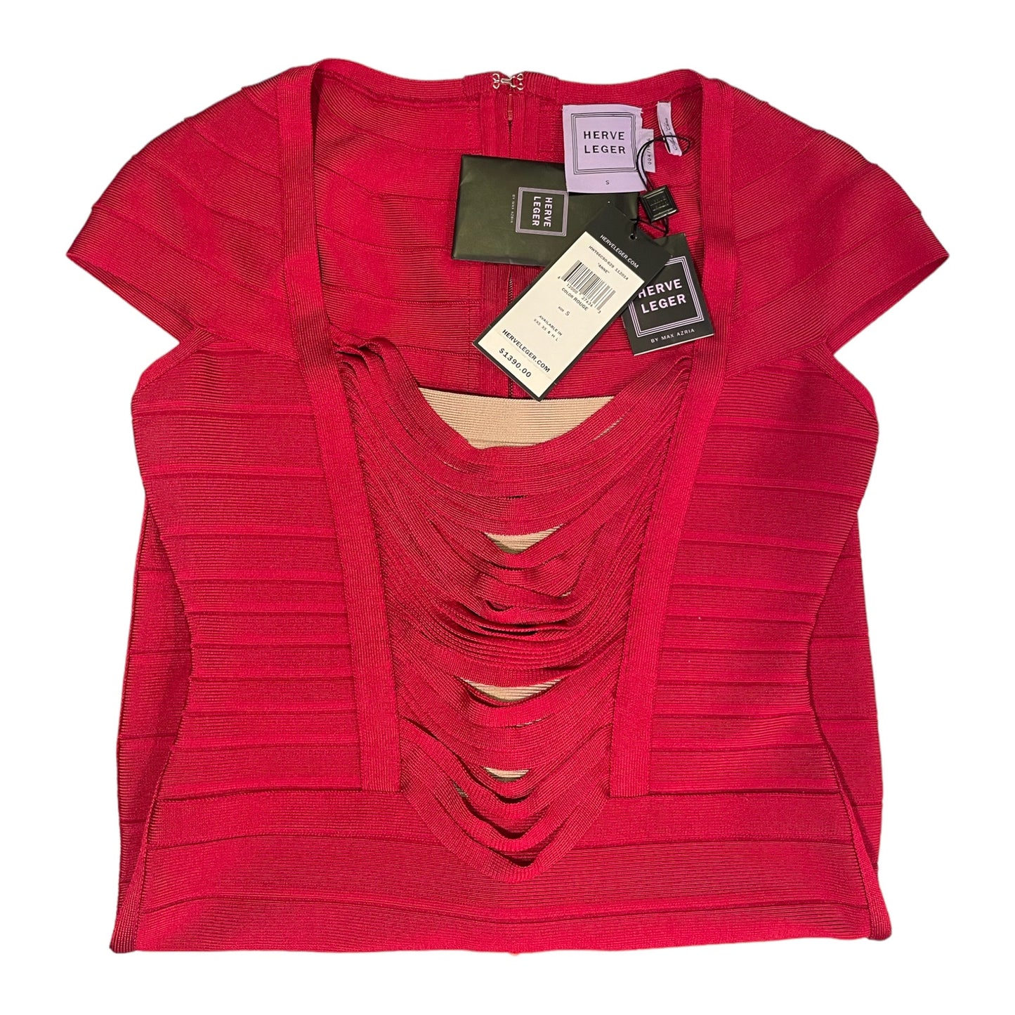 HERVE LEGER "ANNE" Dress in Rouge with Draped Fringe Insert | Size: Small |