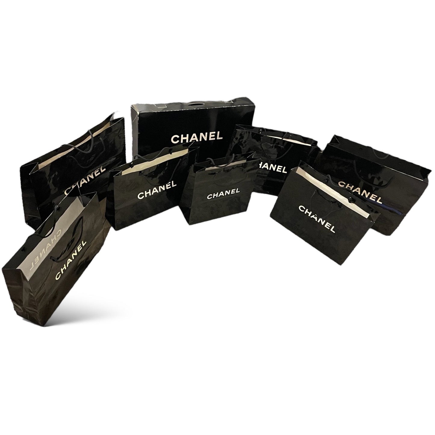 9 AUTHENTIC Large CHANEL Shopping Bag Lot with Box Bag & Camilla Flower
