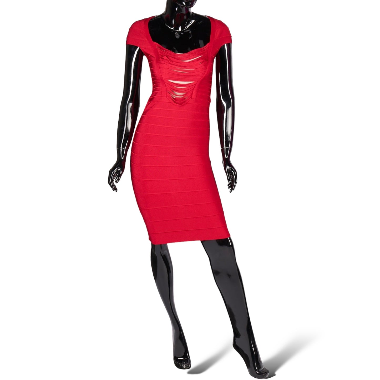 HERVE LEGER "ANNE" Dress in Rouge with Draped Fringe Insert | Size: Small |
