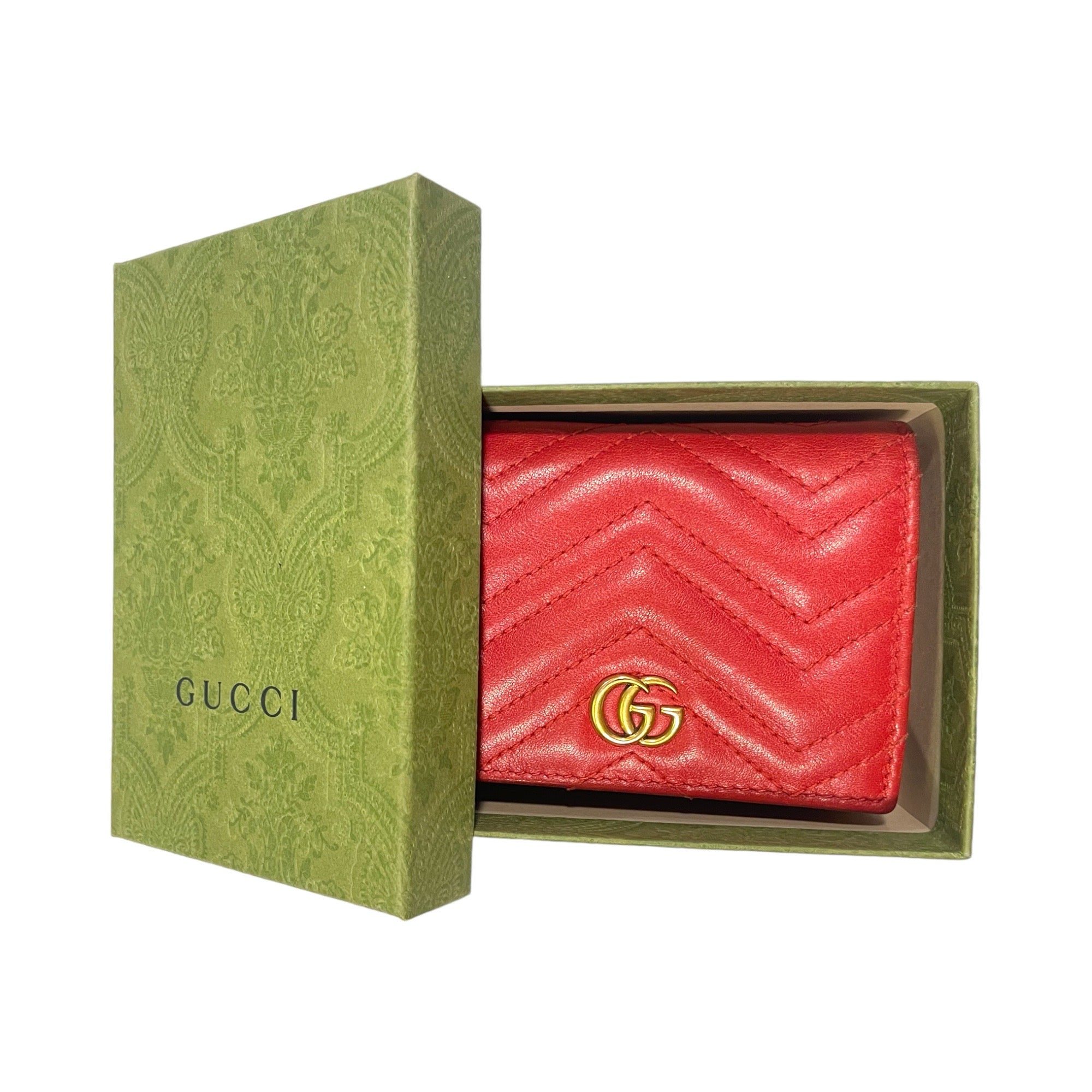 GUCCI GG MARMONT RED MATELASSÉ LEATHER CARD CASE WALLET