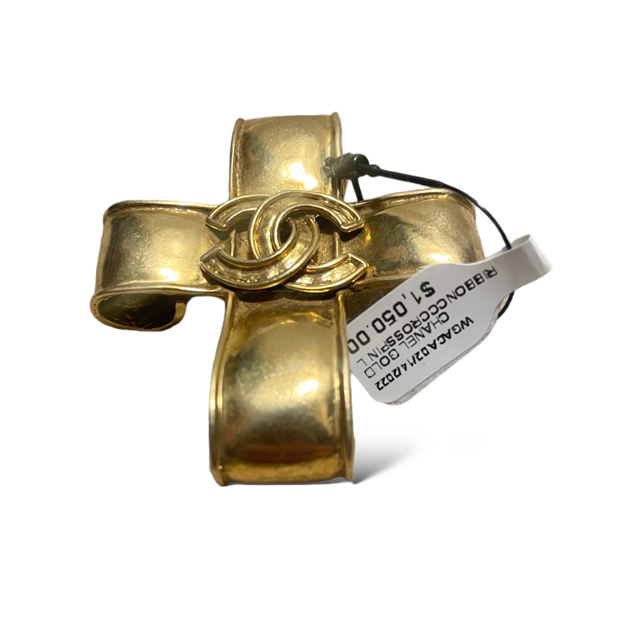 CHANEL Vintage Gold Ribbon CC Cross LARGE Brooch Pin Circa 94’