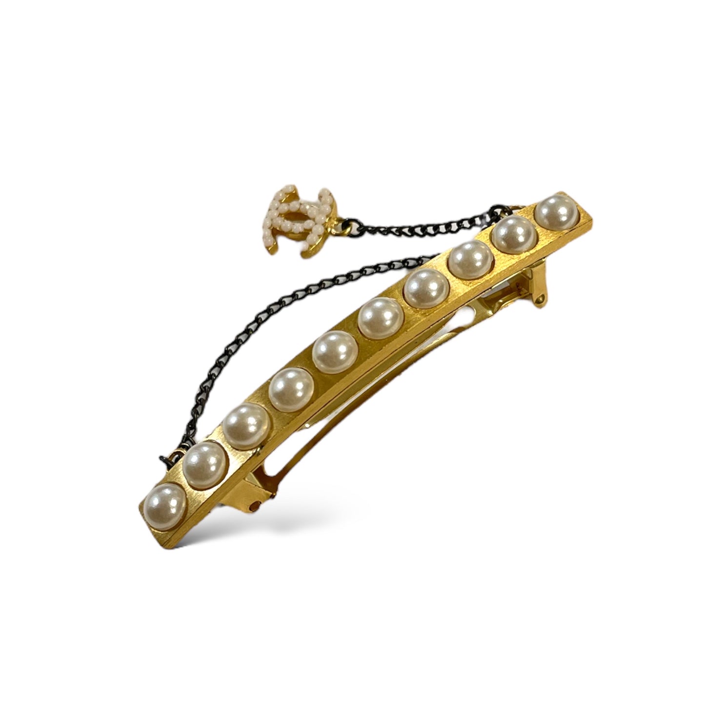CHANEL Gold-Tone Vintage CC Logo & Faux Pearl French Snap Clip Barrette