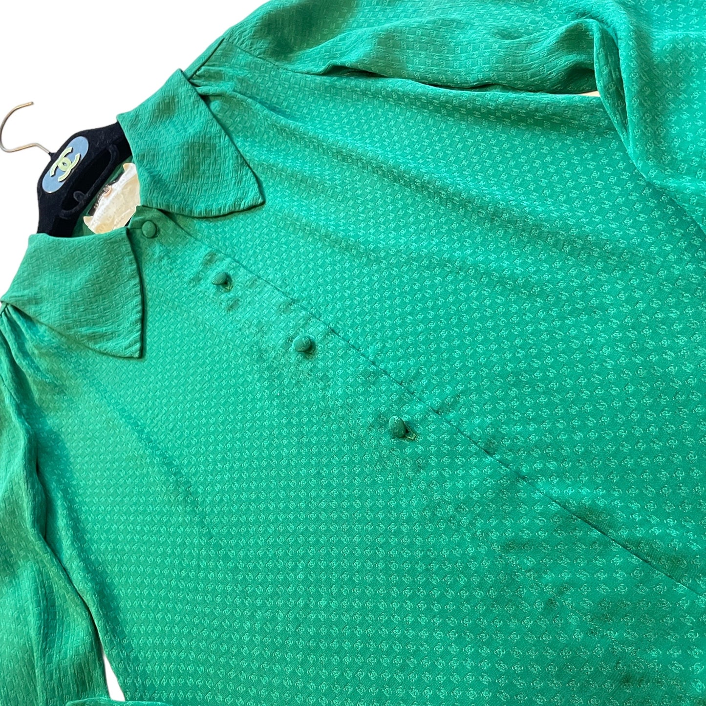 EXTREMELY RARE CHANEL Vintage STUNNING Emerald Green CC Logo Print Blouse