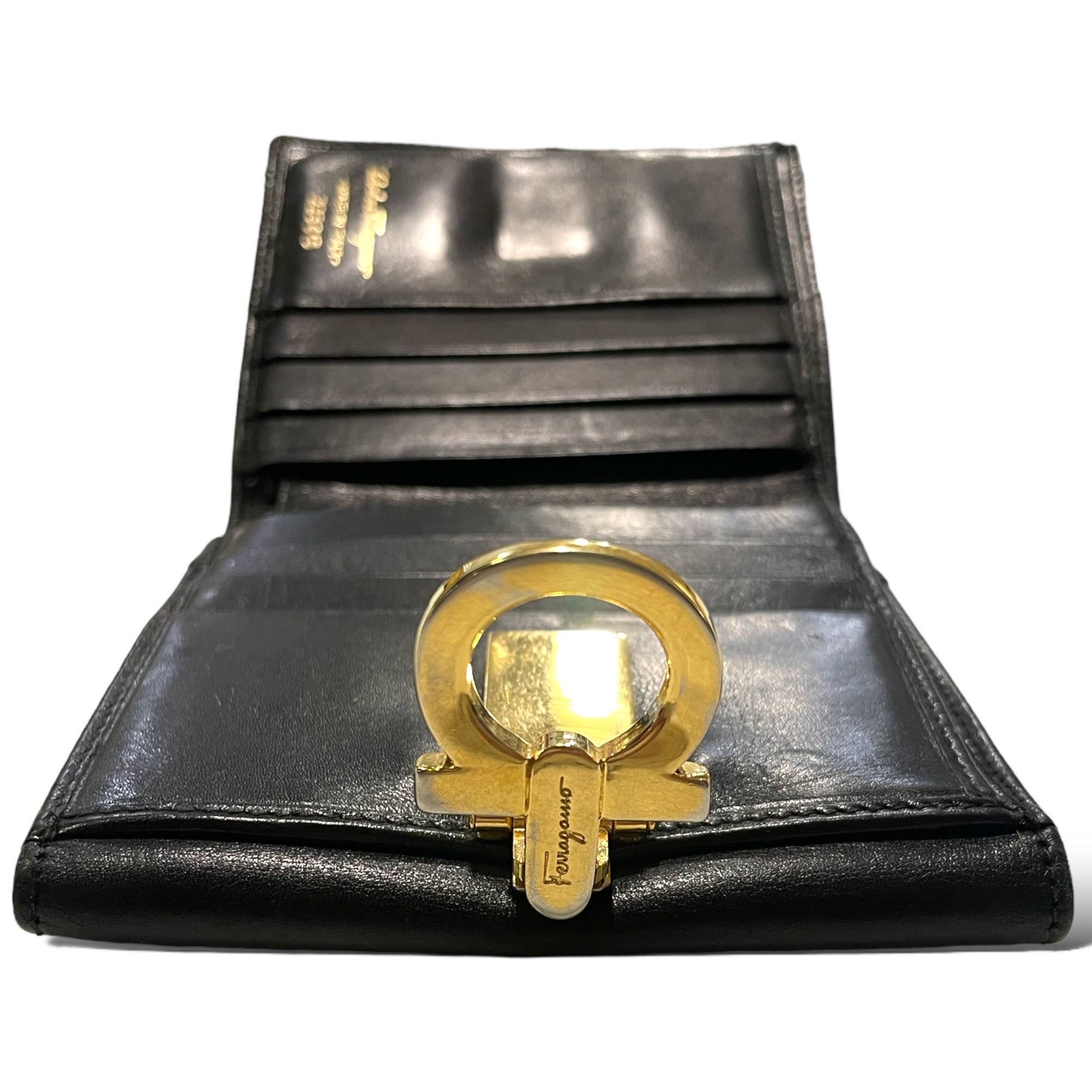 SALVATORE FERRAGAMO Vintage Leather Bi-Fold Wallet with Gold Logo Clasp