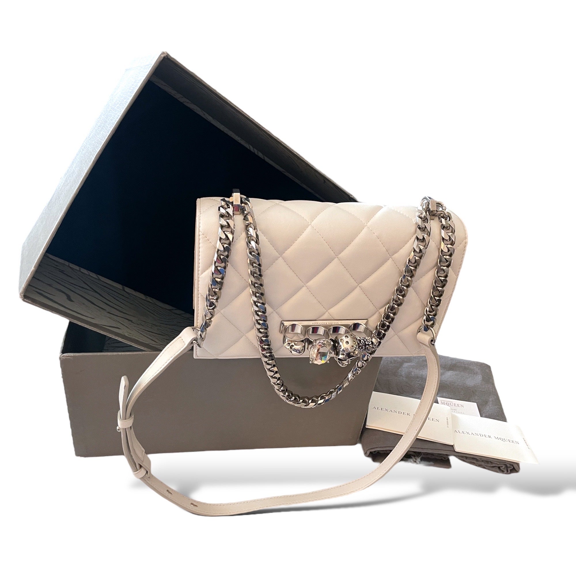 ALEXANDER MCQUEEN White Quilted Leather Jeweled Knuckle Shoulder Bag