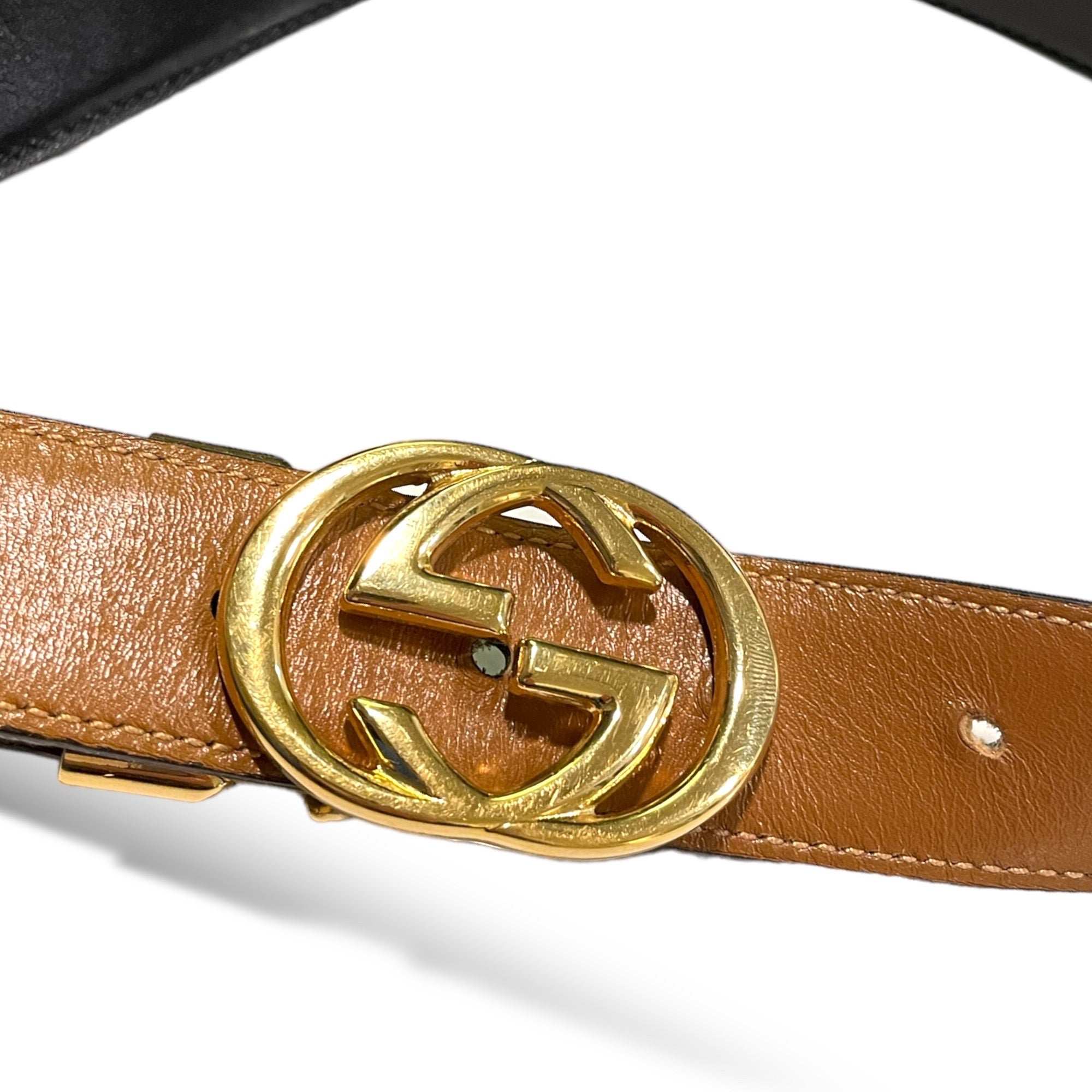 GUCCI Vintage Gold-Tone GG Logo Buckle Reversible Leather Belt