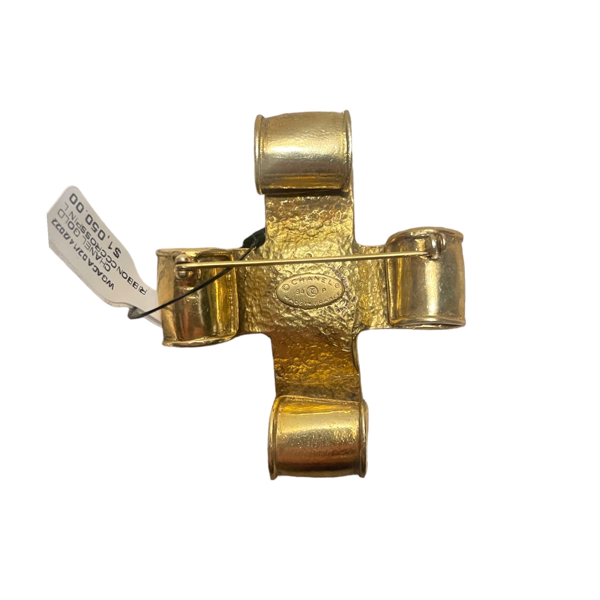 CHANEL Vintage Gold Ribbon CC Cross LARGE Brooch Pin Circa 94’