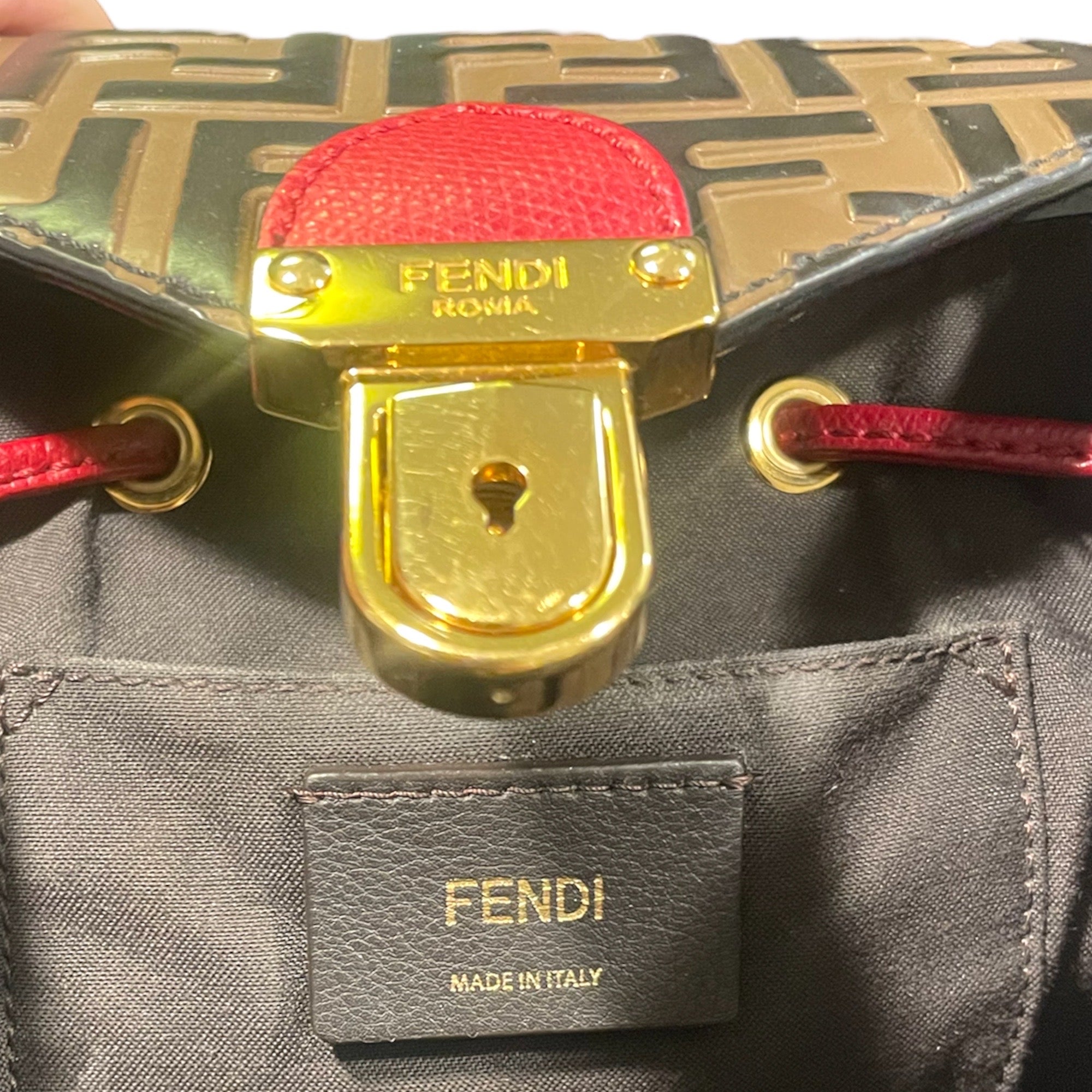 Fendi Drawstring Flap Backpack Leather with Zucca Embossed Detail