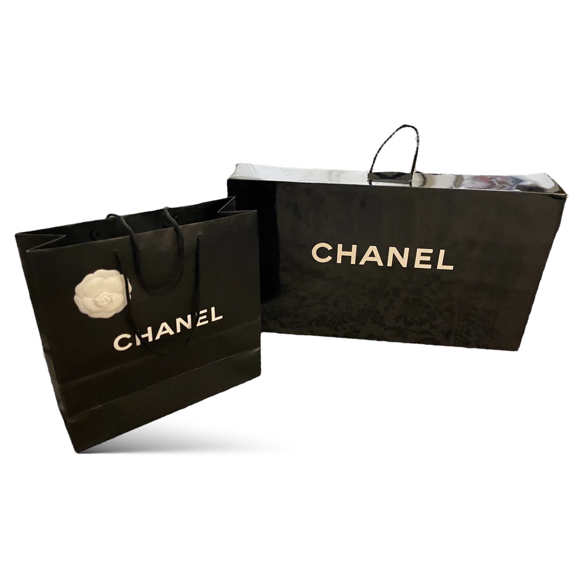 9 AUTHENTIC Large CHANEL Shopping Bag Lot with Box Bag & Camilla Flower