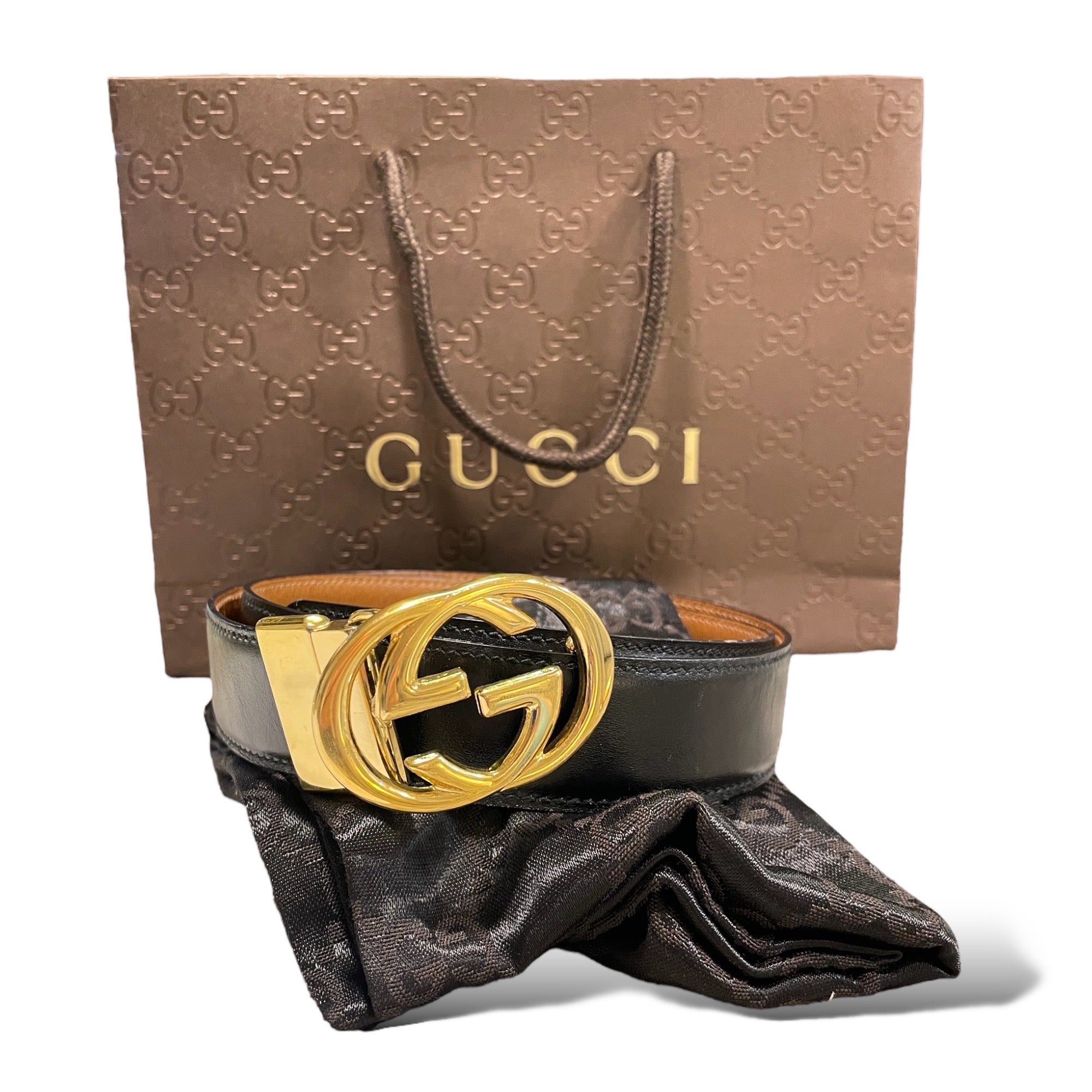 GUCCI Vintage Gold-Tone GG Logo Buckle Reversible Leather Belt