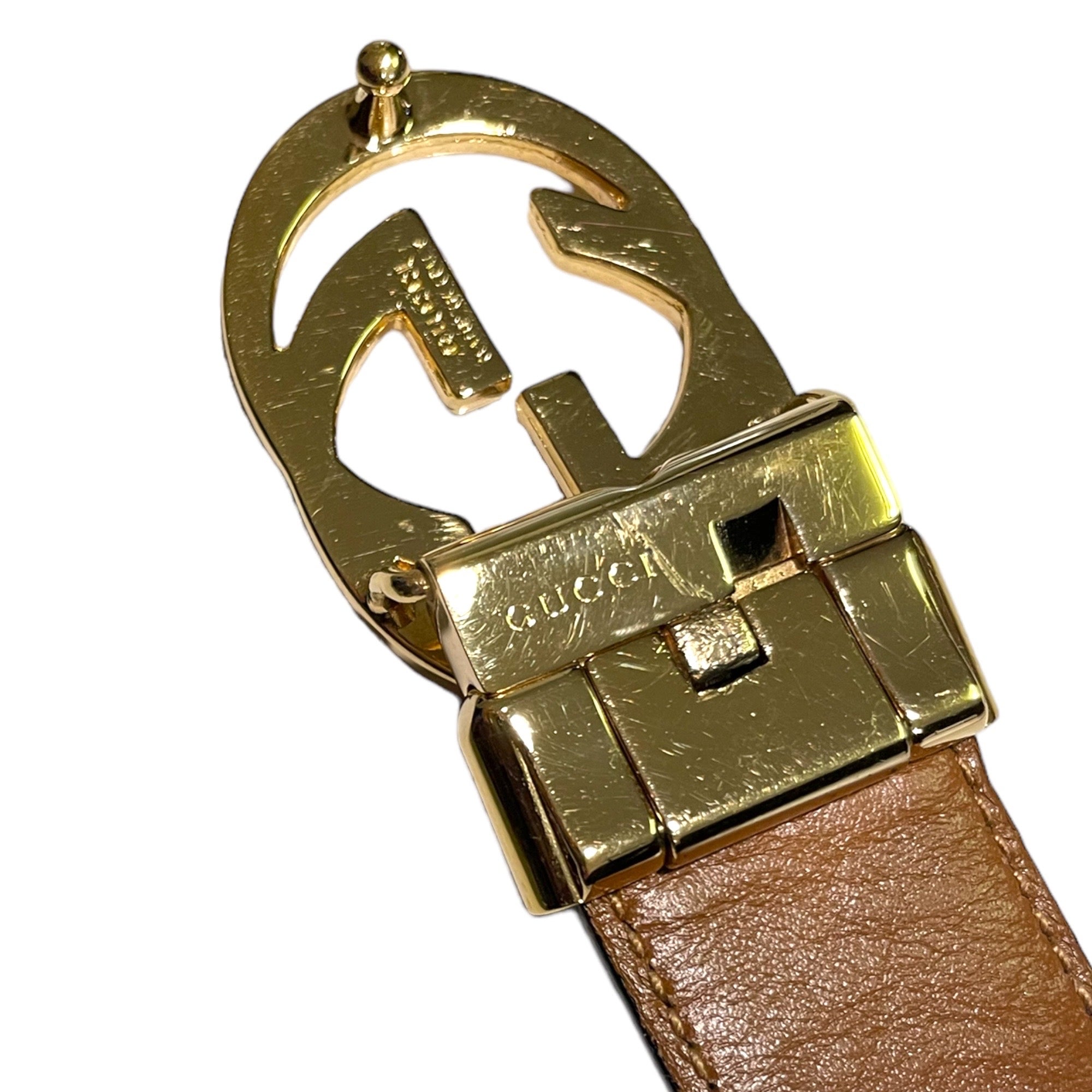 GUCCI Vintage Gold-Tone GG Logo Buckle Reversible Leather Belt
