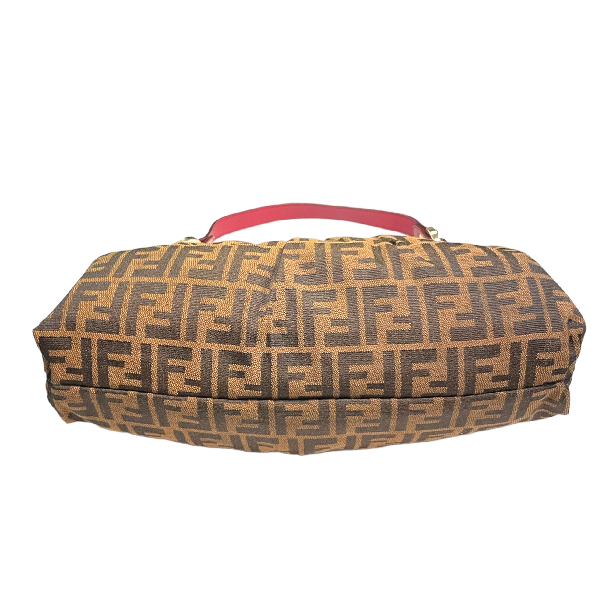 FENDI Zucca Red leather Shoulder Strap w/ Fendi Cutout Logo Circle zip pull bag