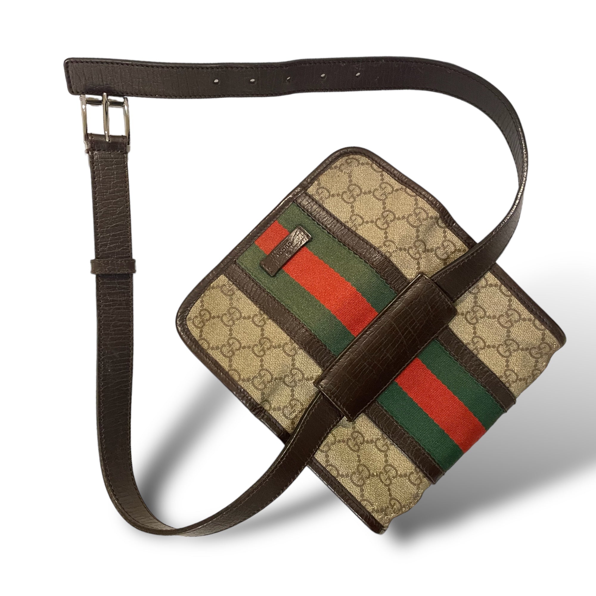 GUCCI Monogram with Web Front and Brown Leather Trim Sling/Bum Bag