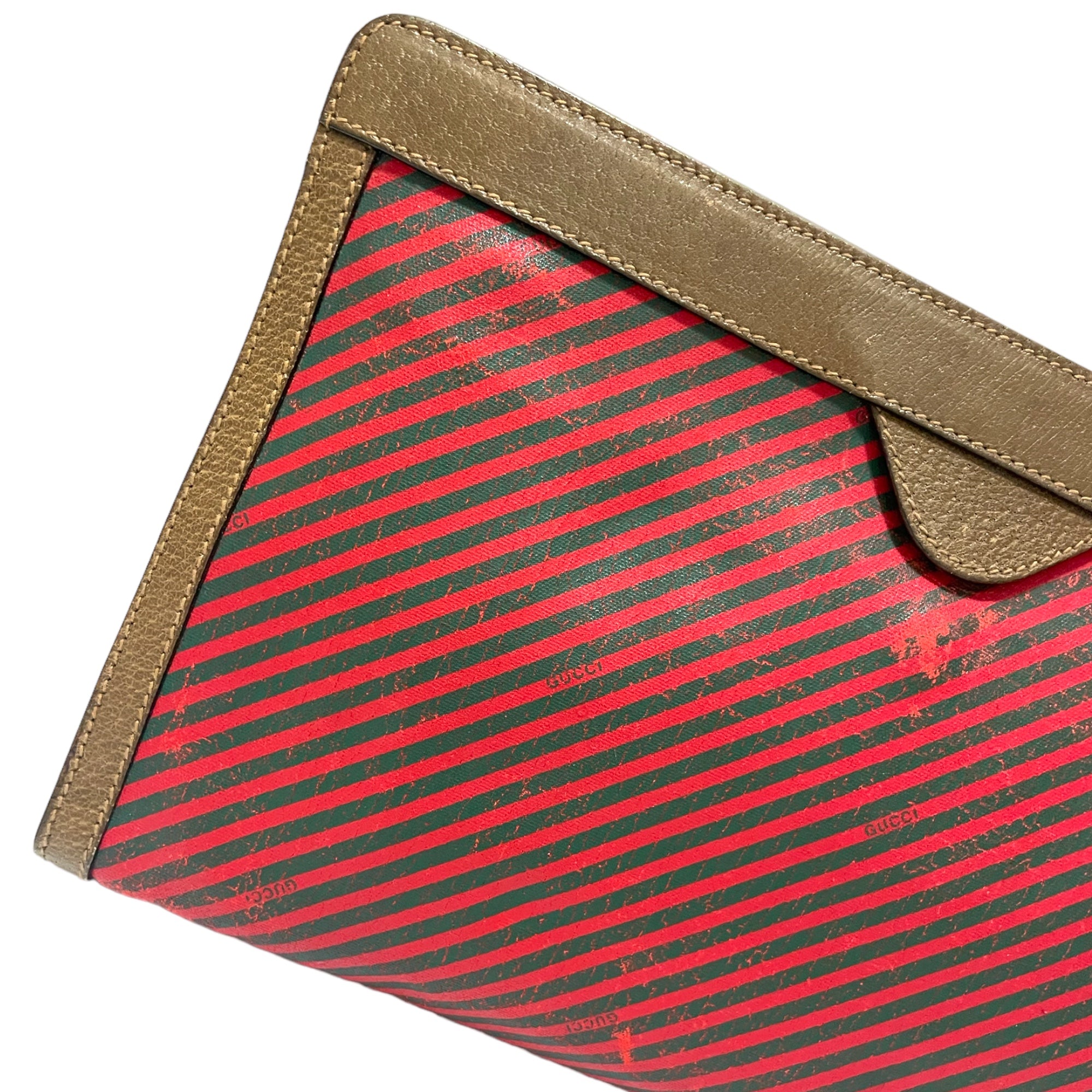 GUCCI Vintage Green & Red Classic Web Motif Print Pouch with Leather Trim