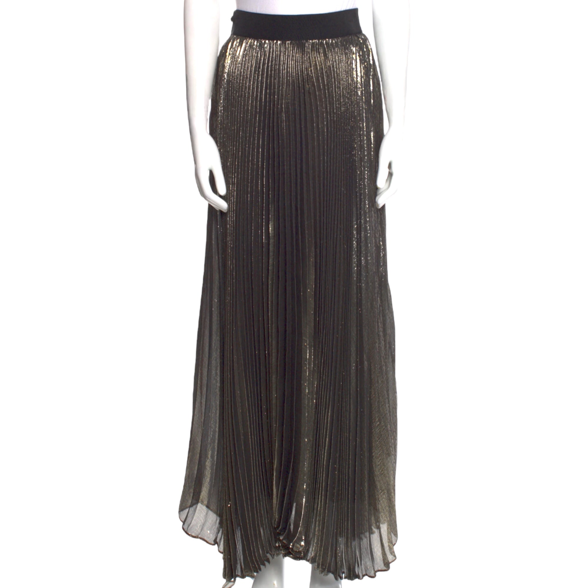 ALICE + OLIVIA Silk Long Gold Lamè Pleated Skirt. |Size: XS | US 0|