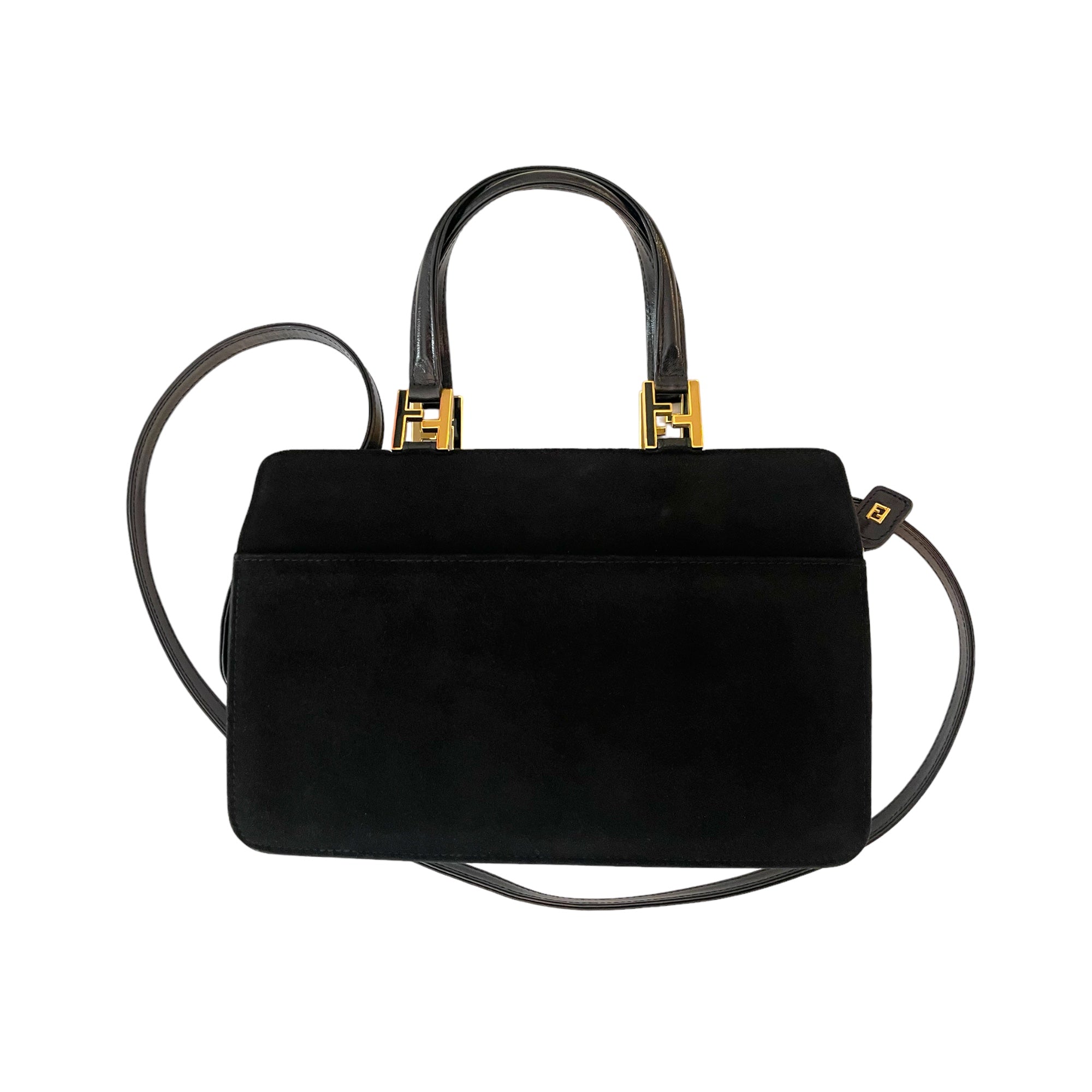 FENDI Vintage Black Suede 2-Way Tote/Crossbody with FF Motif Hardware at Handles