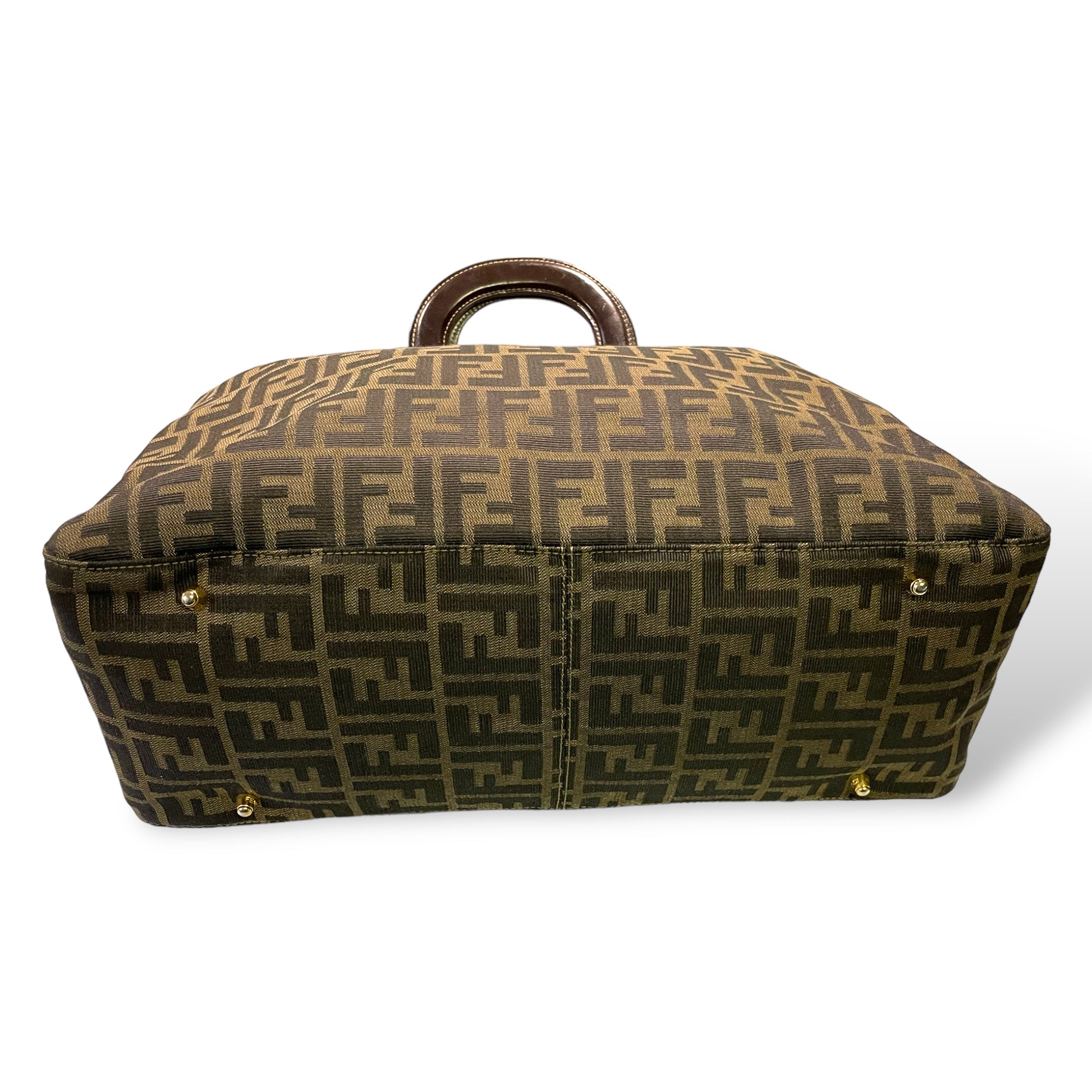 FENDI Brown Zucca Canvas & Calfskin Leather RARE & GORGEOUS Vintage LARGE Twin Tote