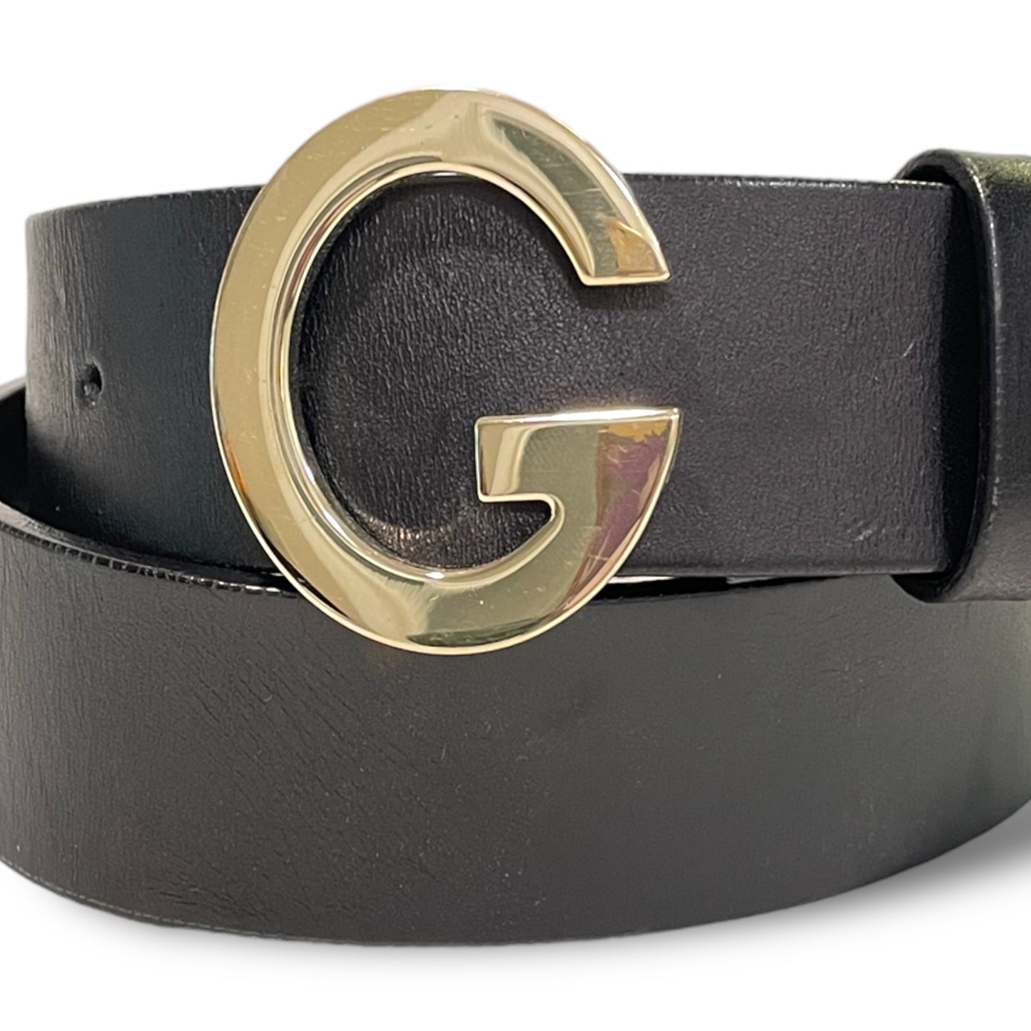 GUCCI Womens Champagne Gold G Buckle Black Leather Belt |Size:32”|