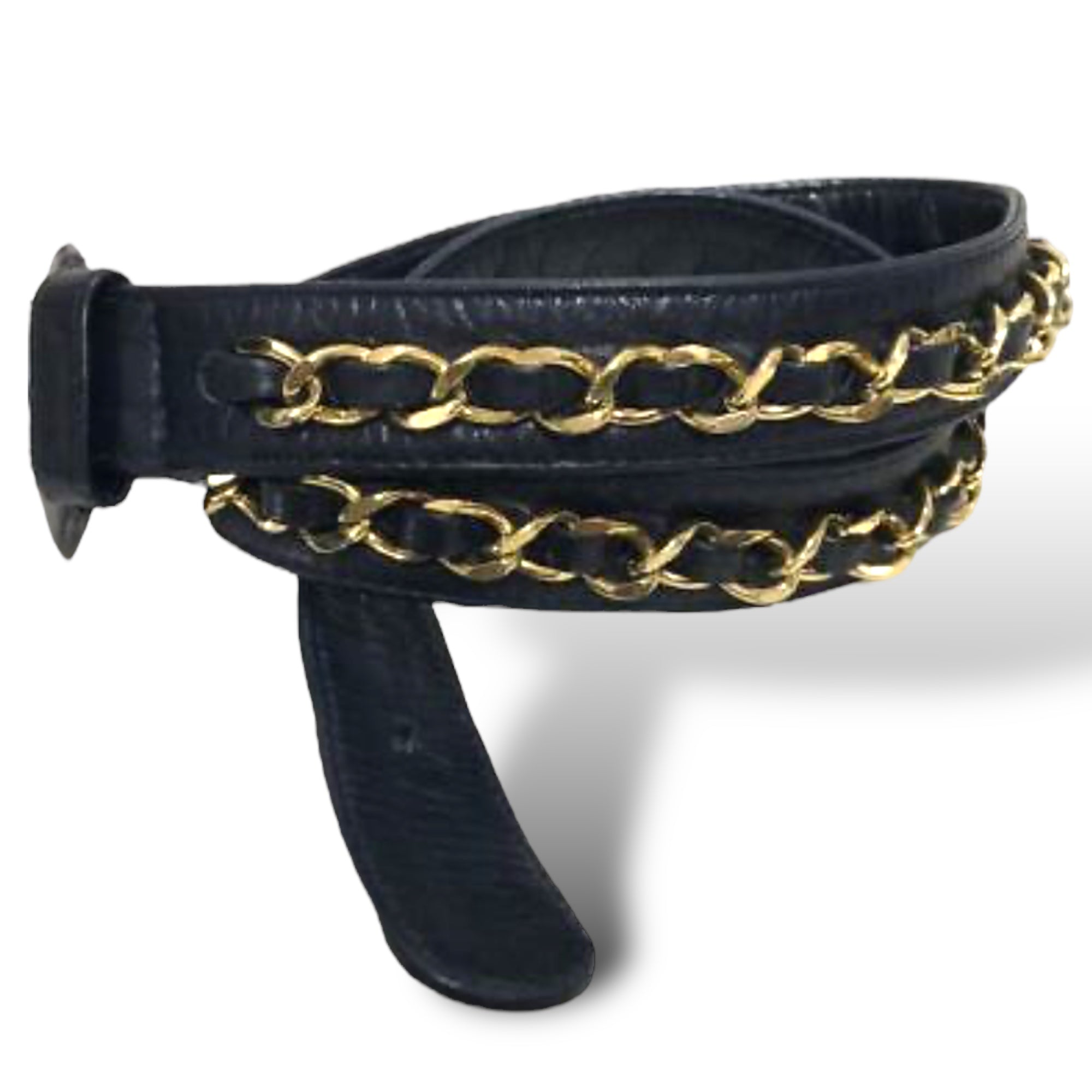 CHANEL Gold Plated Chainlink Motif Vintage Belt in Dark Navy Blue Leather |Size: 65/26|