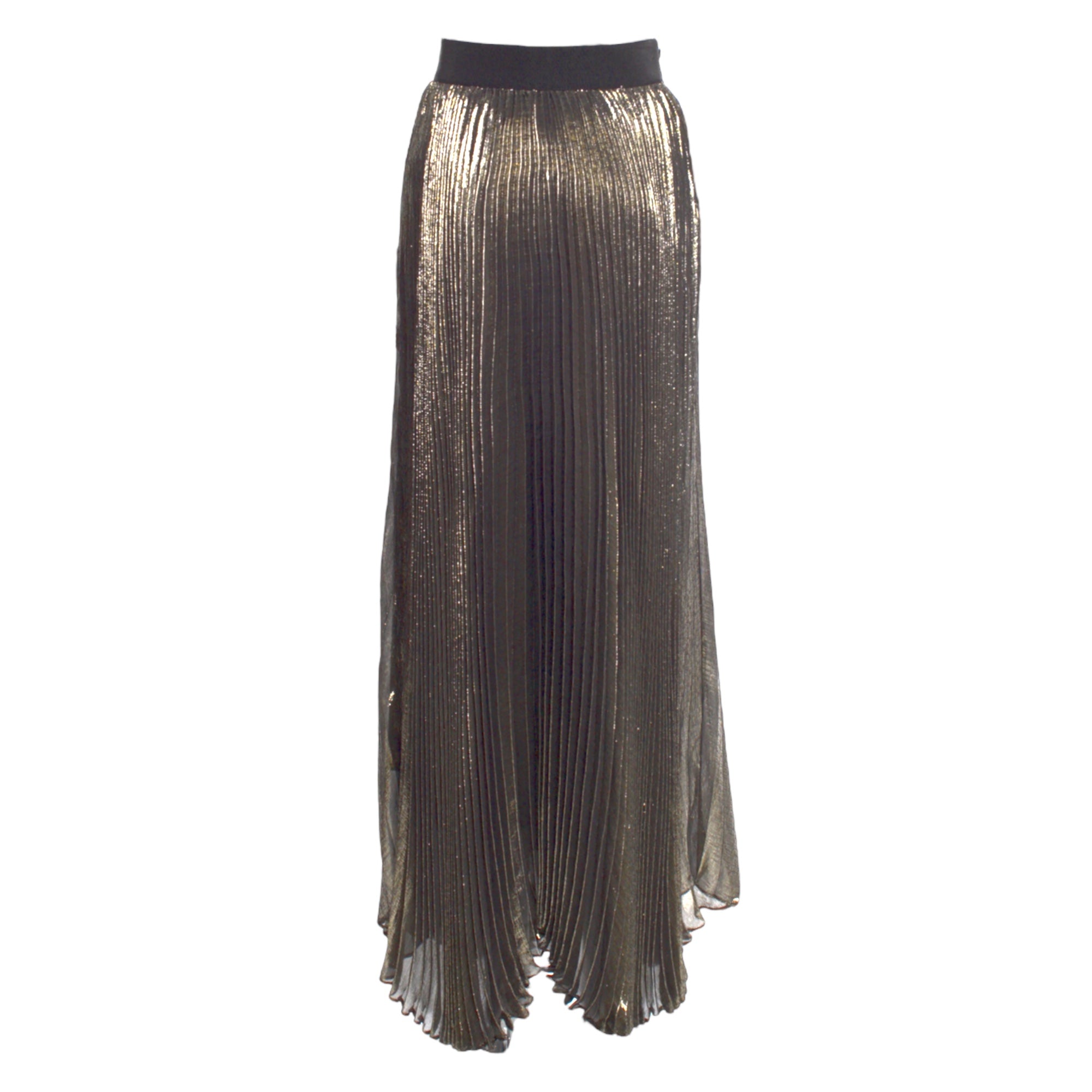 ALICE + OLIVIA Silk Long Gold Lamè Pleated Skirt. |Size: XS | US 0|