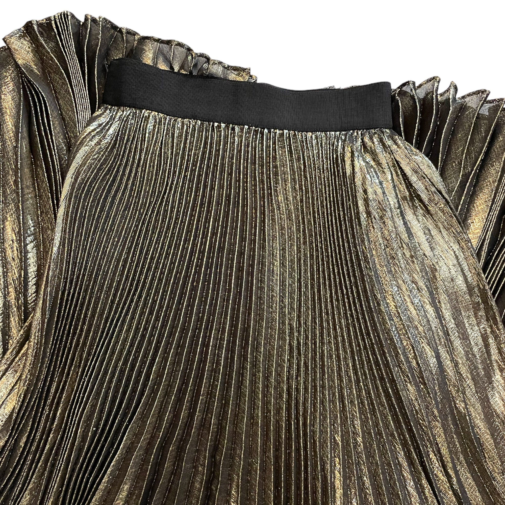 ALICE + OLIVIA Silk Long Gold Lamè Pleated Skirt. |Size: XS | US 0|
