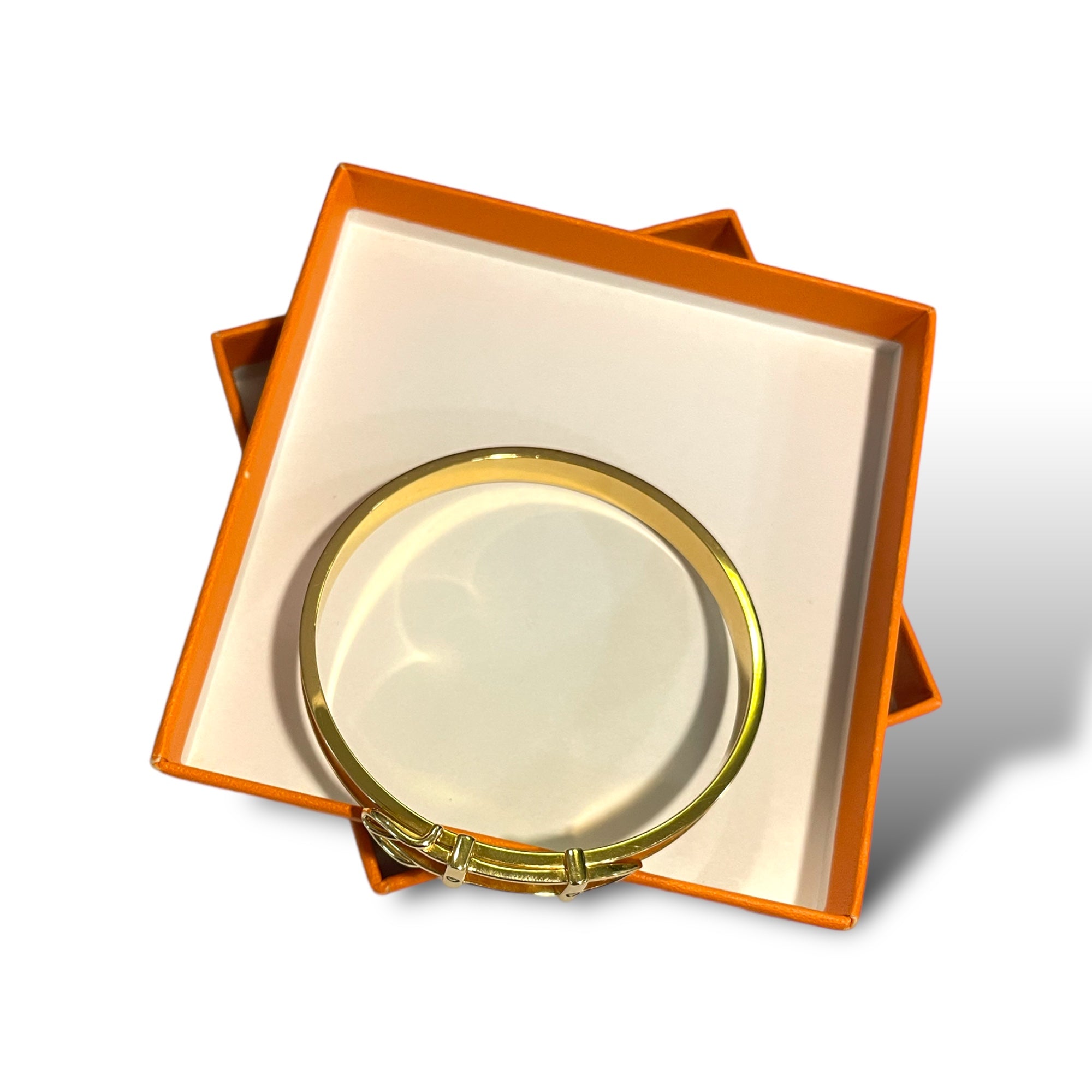 HERMÈS ORANGE Thin Slim Gold "Belt Buckle" Motif Bangle