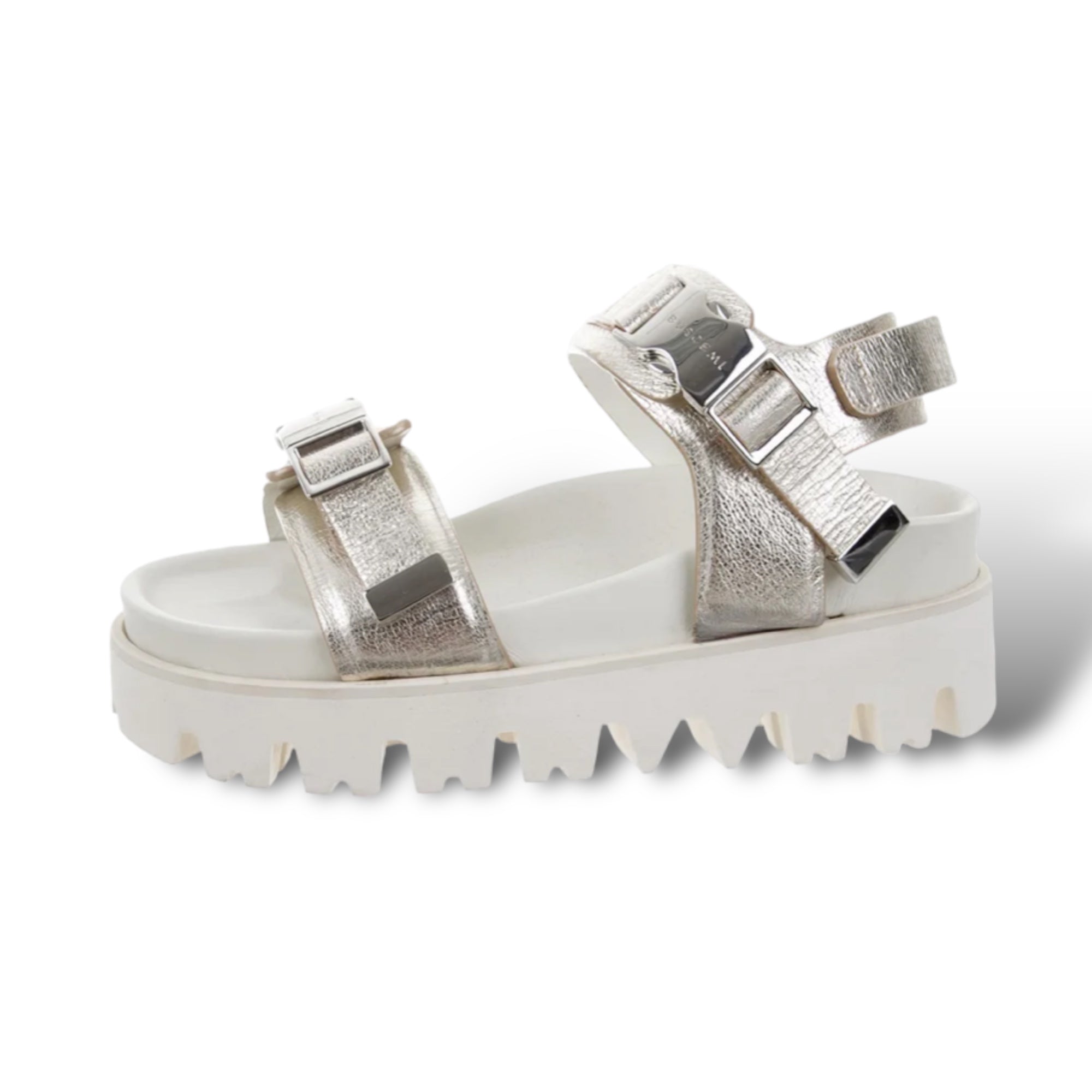 BUSCEMI Metallic Silver Textured Leather Sandalo Buckle Lug Sandals |Size: 36IT|