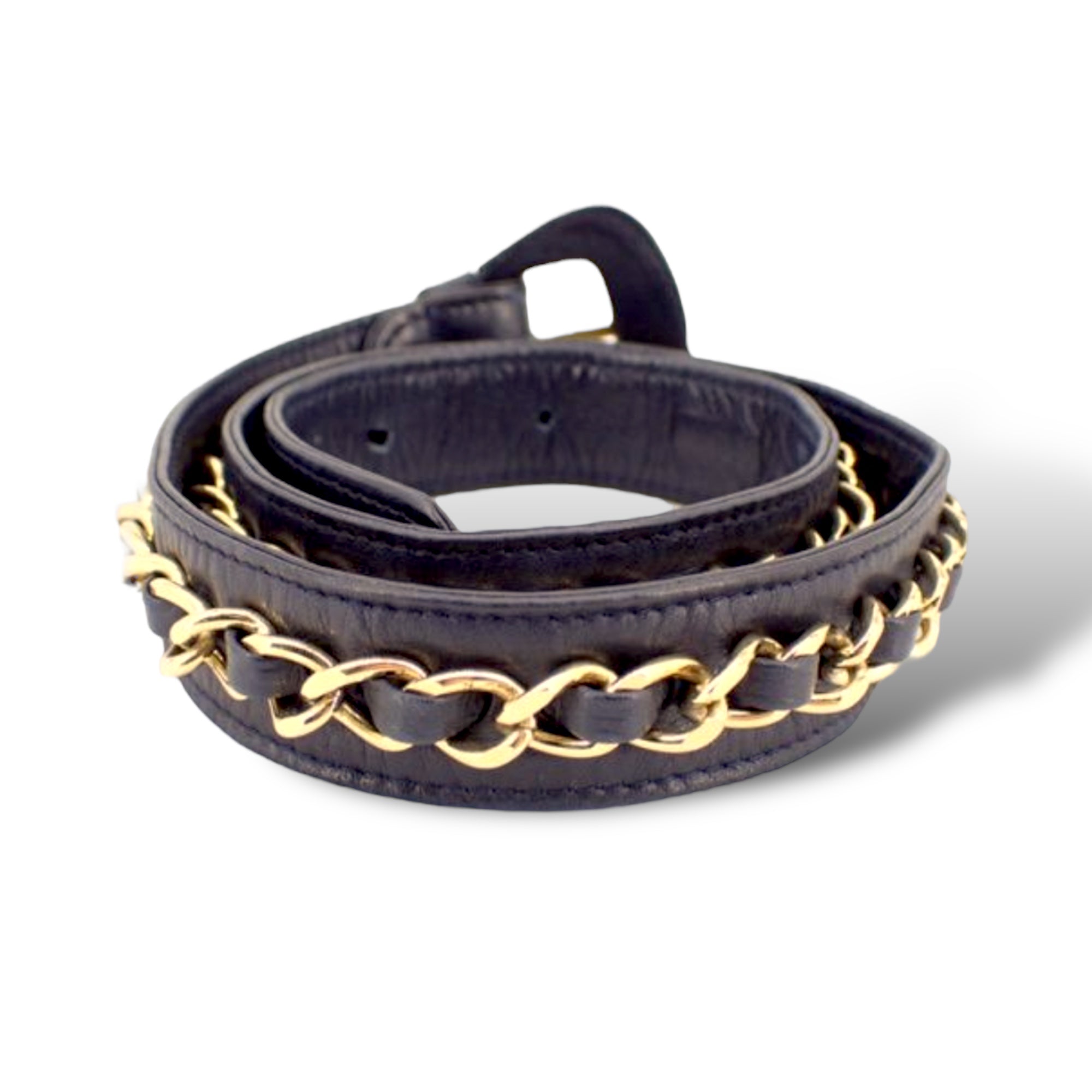 CHANEL Gold Plated Chainlink Motif Vintage Belt in Dark Navy Blue Leather |Size: 65/26|