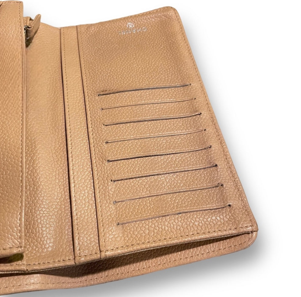 CHANEL L-Yen Wallet Quilted Tan Caviar Leather