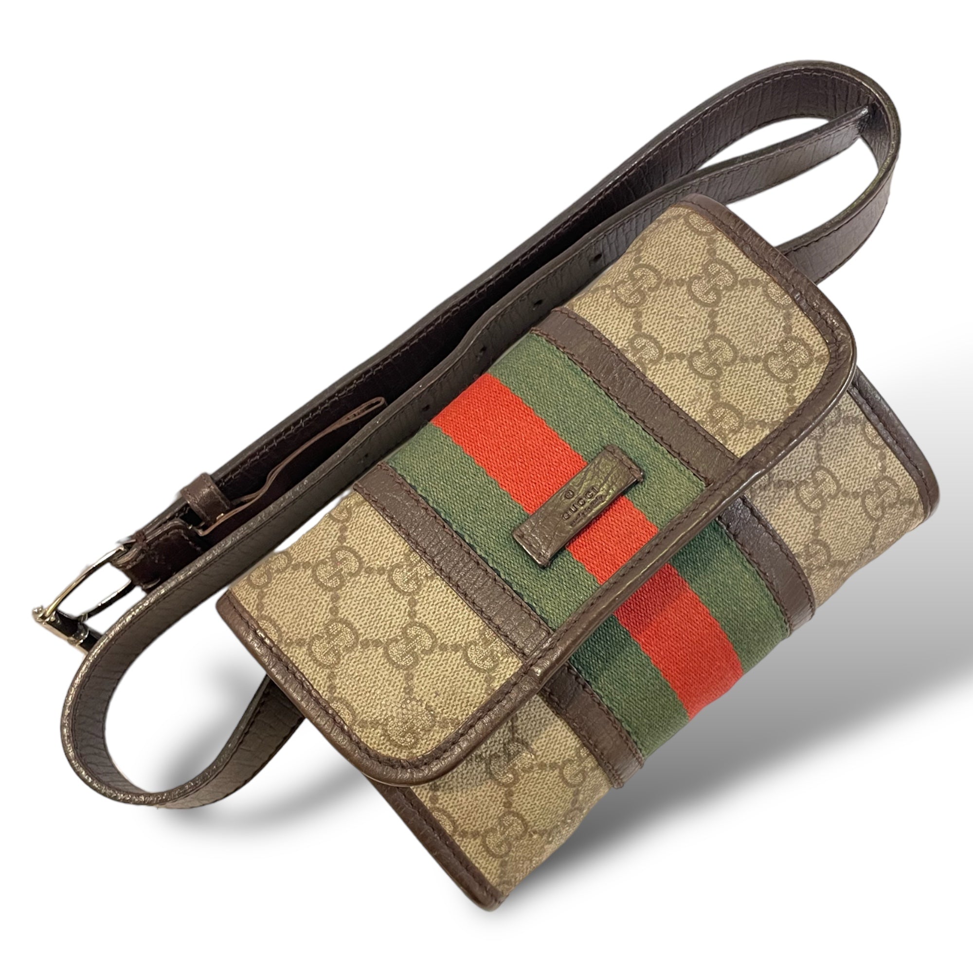 GUCCI Monogram with Web Front and Brown Leather Trim Sling/Bum Bag