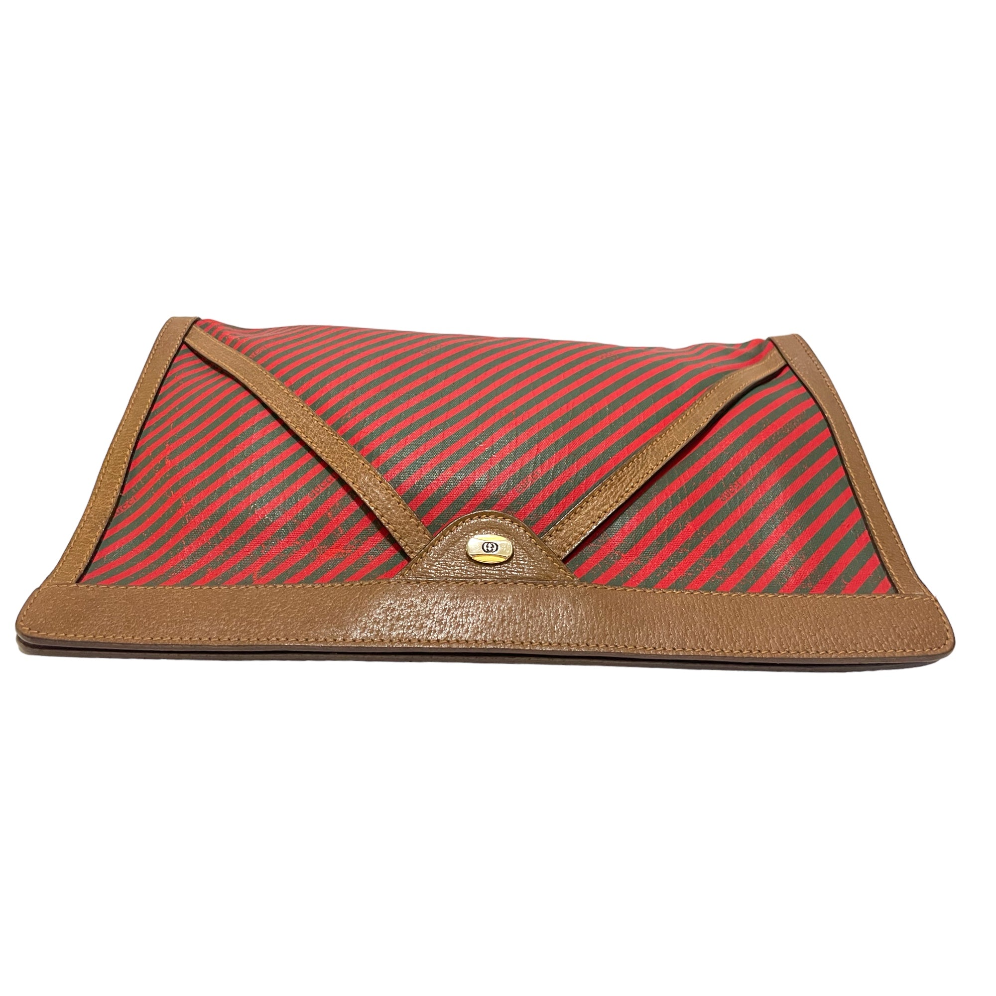 GUCCI Vintage Green & Red Classic Web Motif Print Pouch with Leather Trim