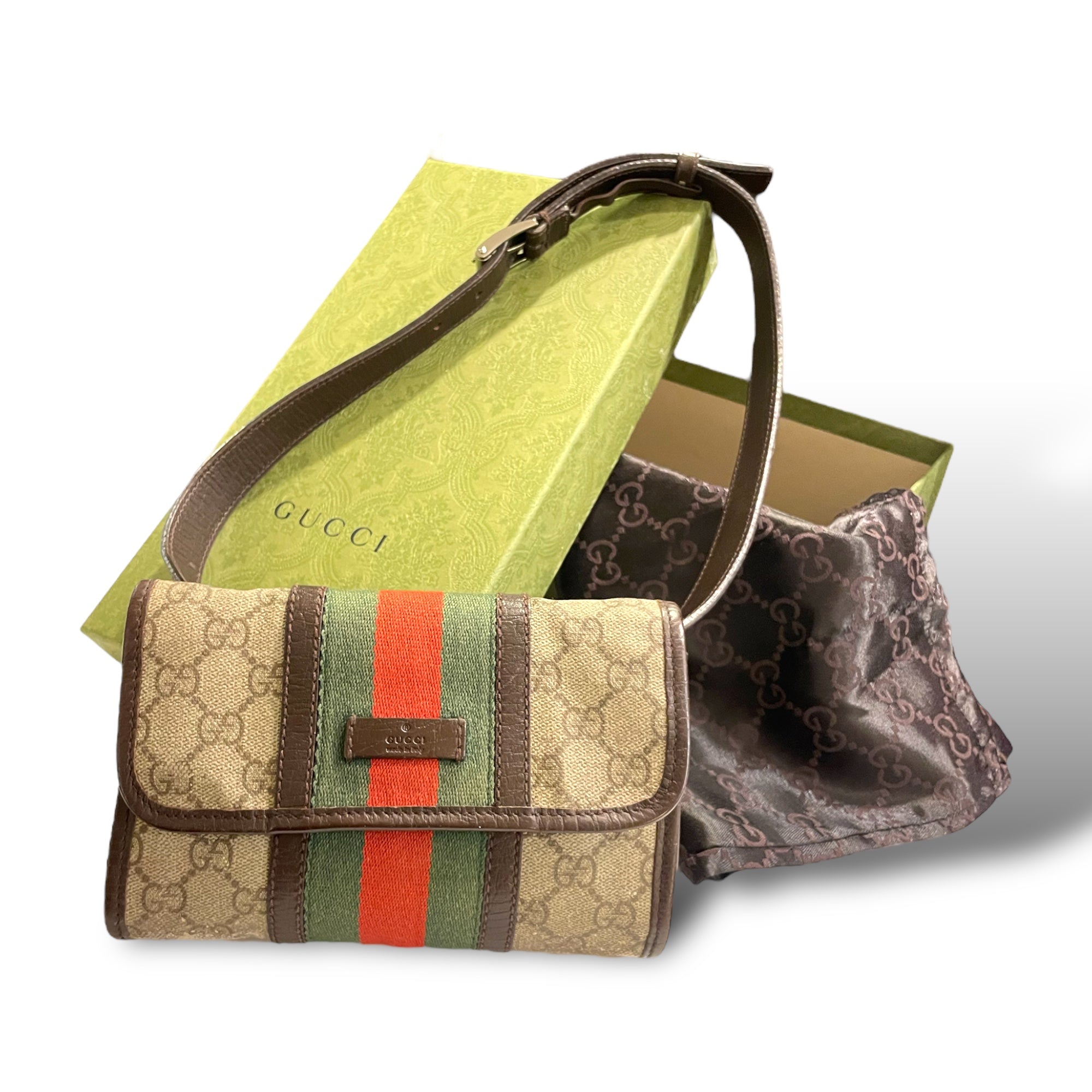 GUCCI Monogram with Web Front and Brown Leather Trim Sling/Bum Bag