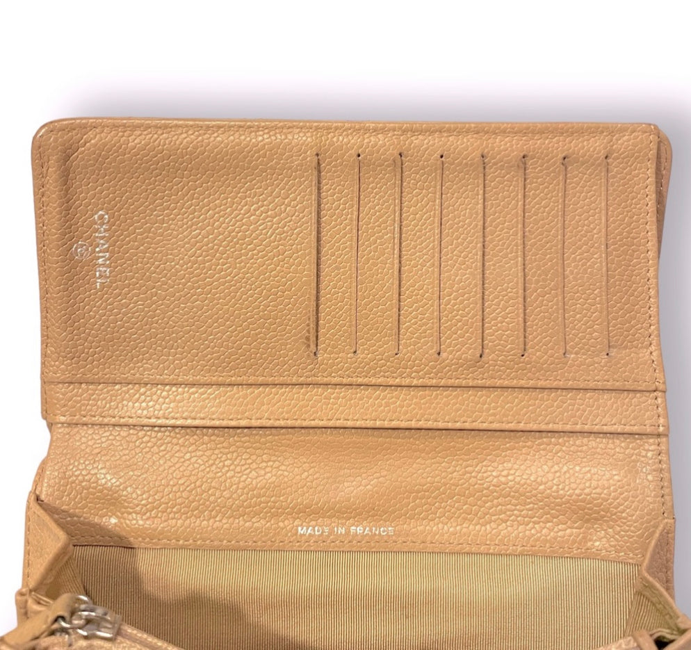 CHANEL L-Yen Wallet Quilted Tan Caviar Leather