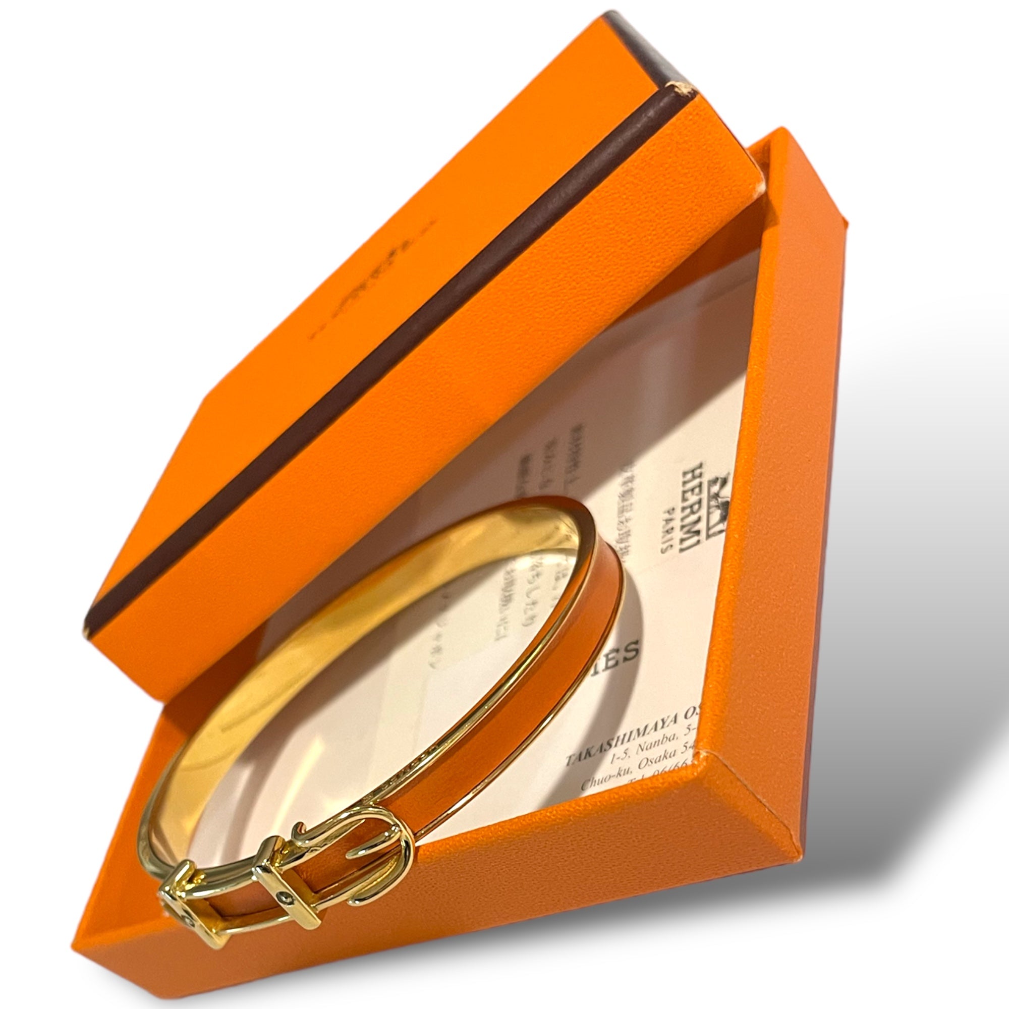 HERMÈS ORANGE Thin Slim Gold "Belt Buckle" Motif Bangle
