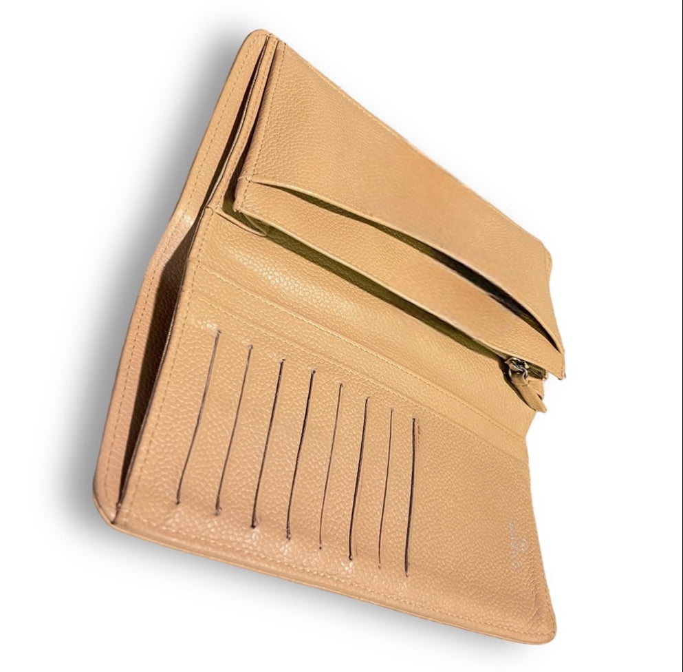 CHANEL L-Yen Wallet Quilted Tan Caviar Leather