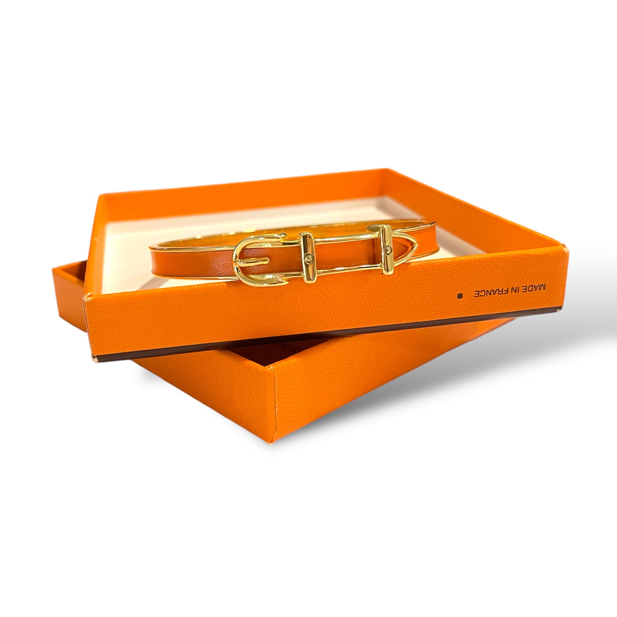 HERMÈS ORANGE Thin Slim Gold "Belt Buckle" Motif Bangle