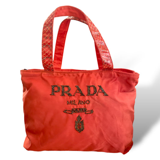 PRADA Tote with Python Handles and Beaded Front Logo