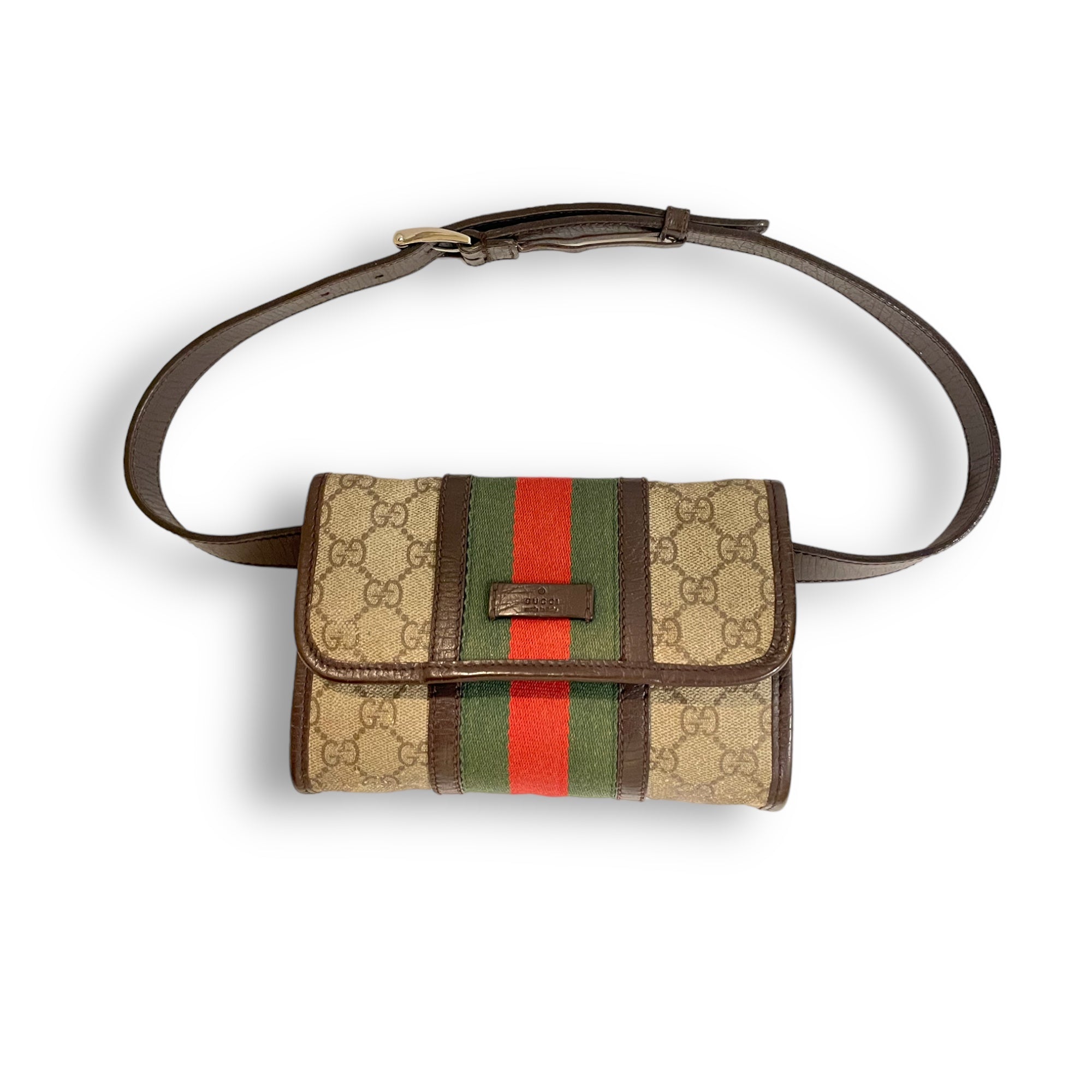GUCCI Monogram with Web Front and Brown Leather Trim Sling/Bum Bag