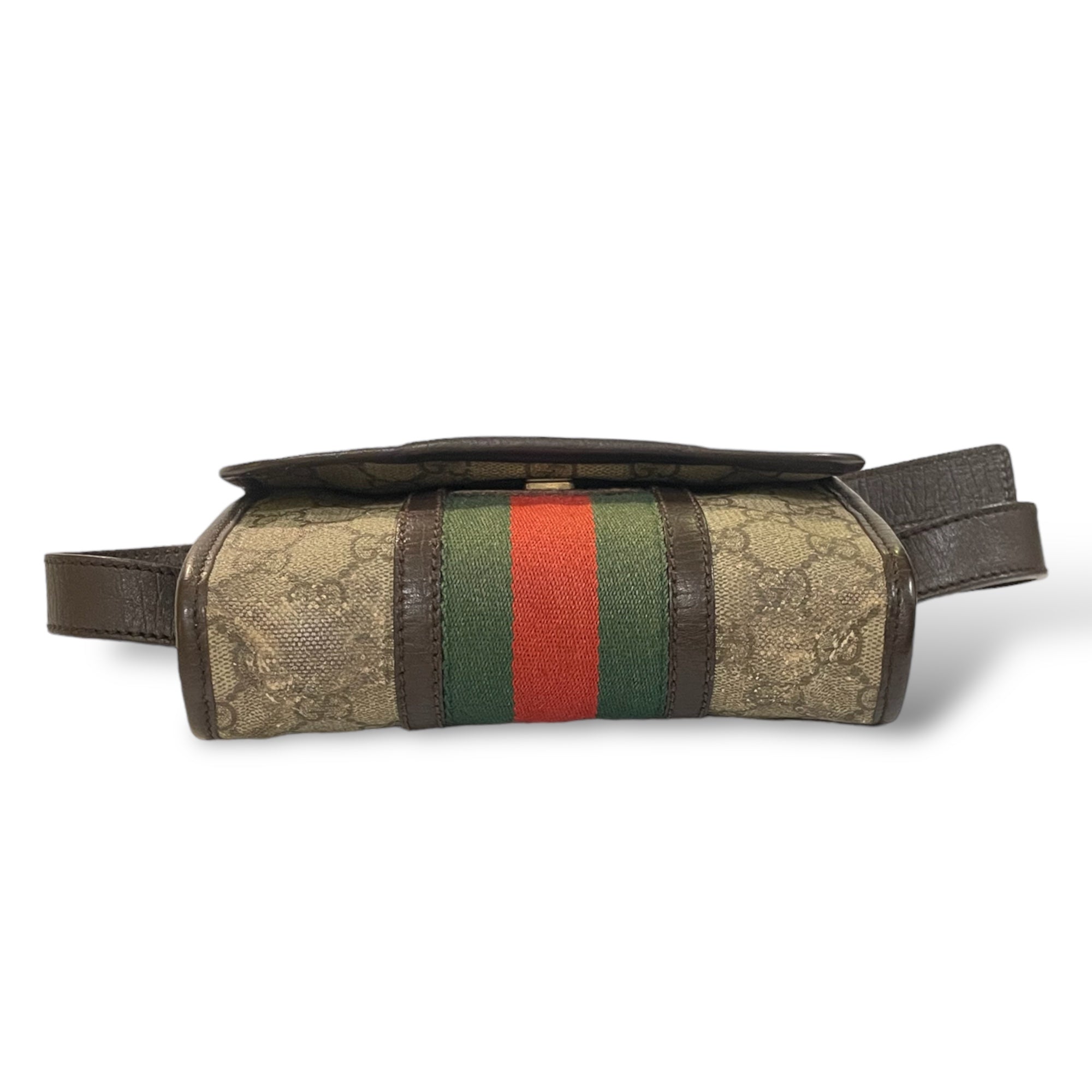 GUCCI Monogram with Web Front and Brown Leather Trim Sling/Bum Bag