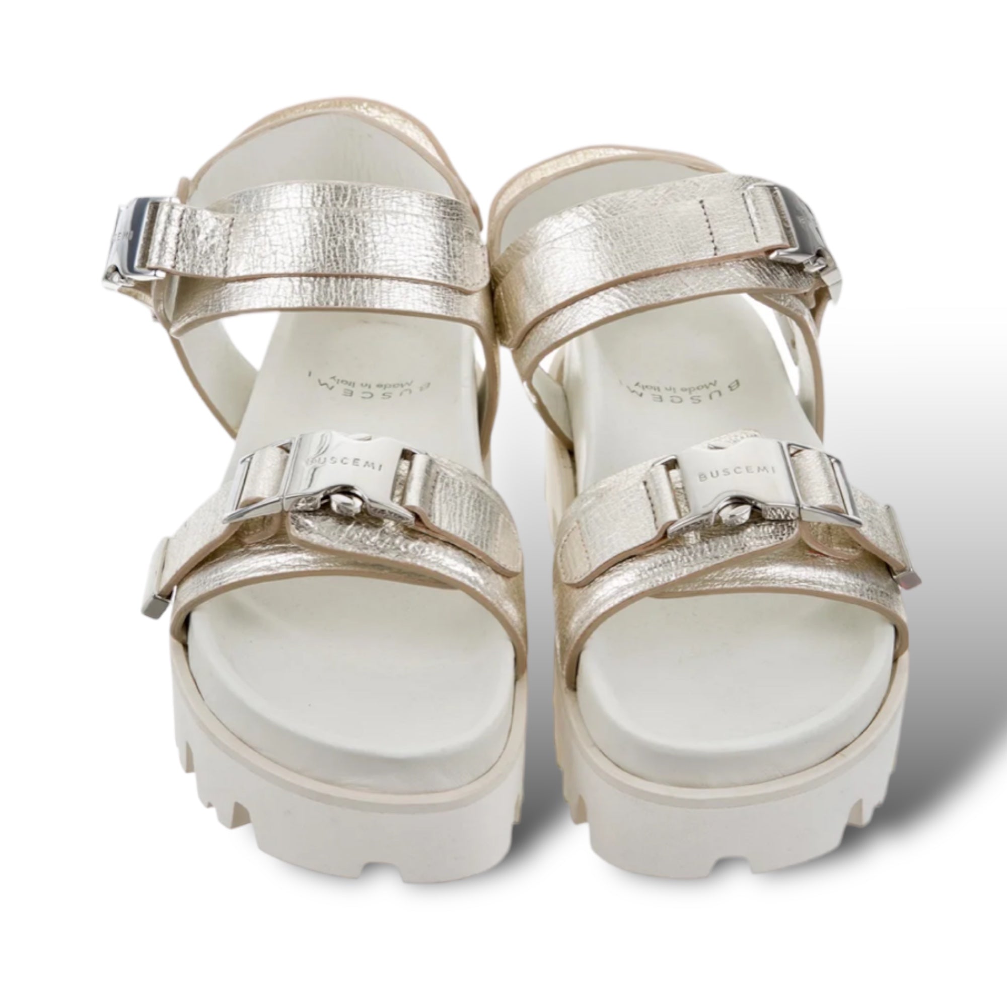 BUSCEMI Metallic Silver Textured Leather Sandalo Buckle Lug Sandals |Size: 36IT|