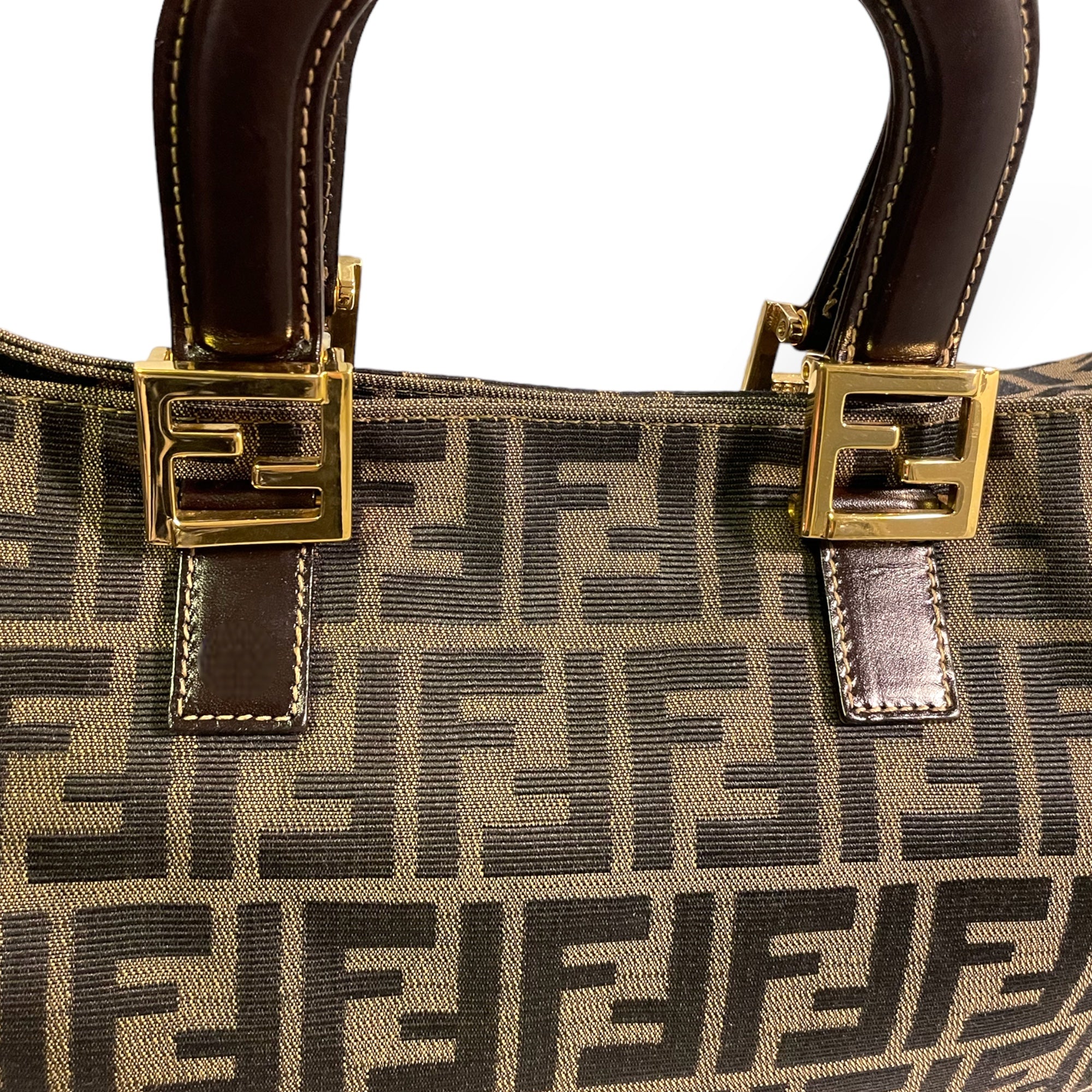 FENDI Brown Zucca Canvas & Calfskin Leather RARE & GORGEOUS Vintage LARGE Twin Tote