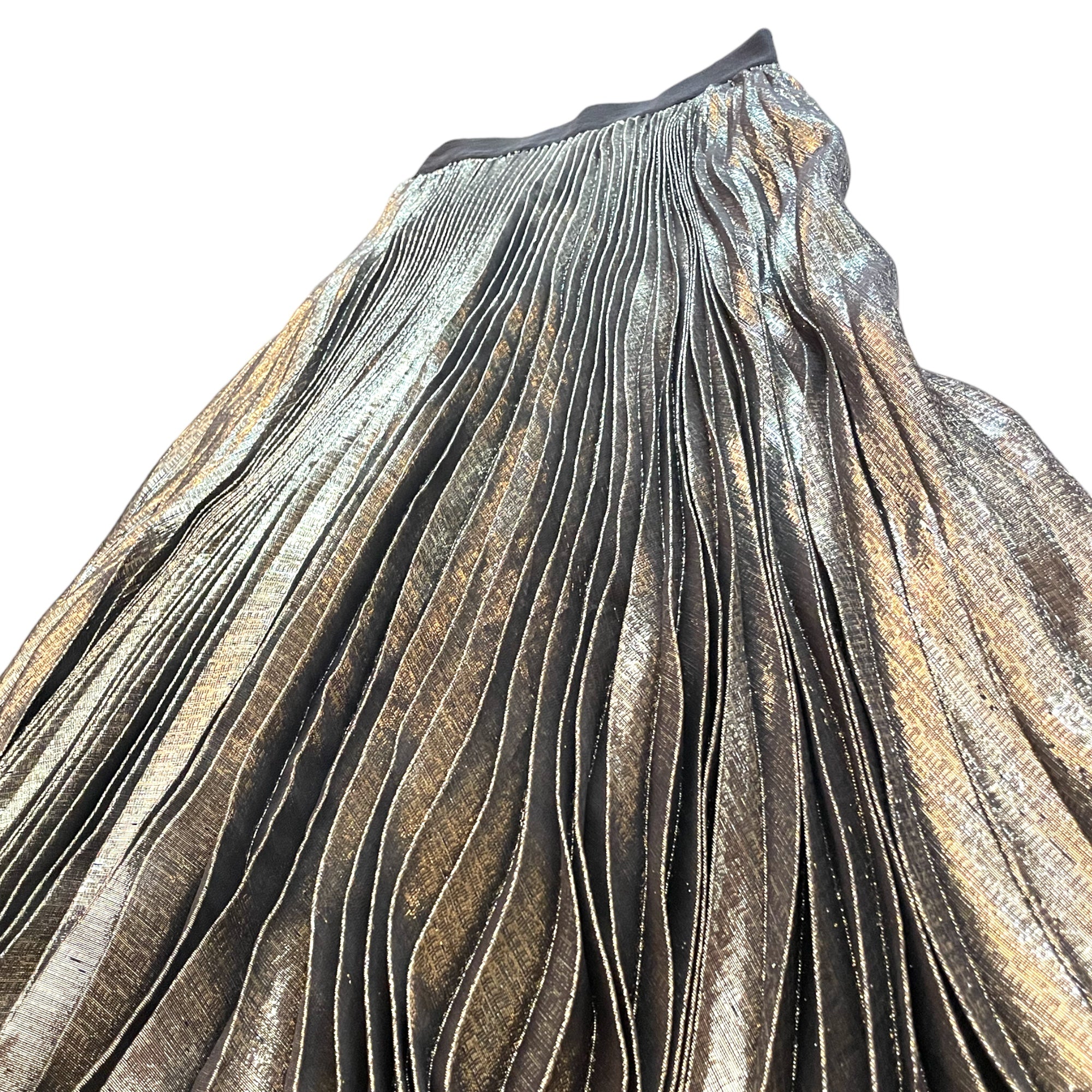 ALICE + OLIVIA Silk Long Gold Lamè Pleated Skirt. |Size: XS | US 0|