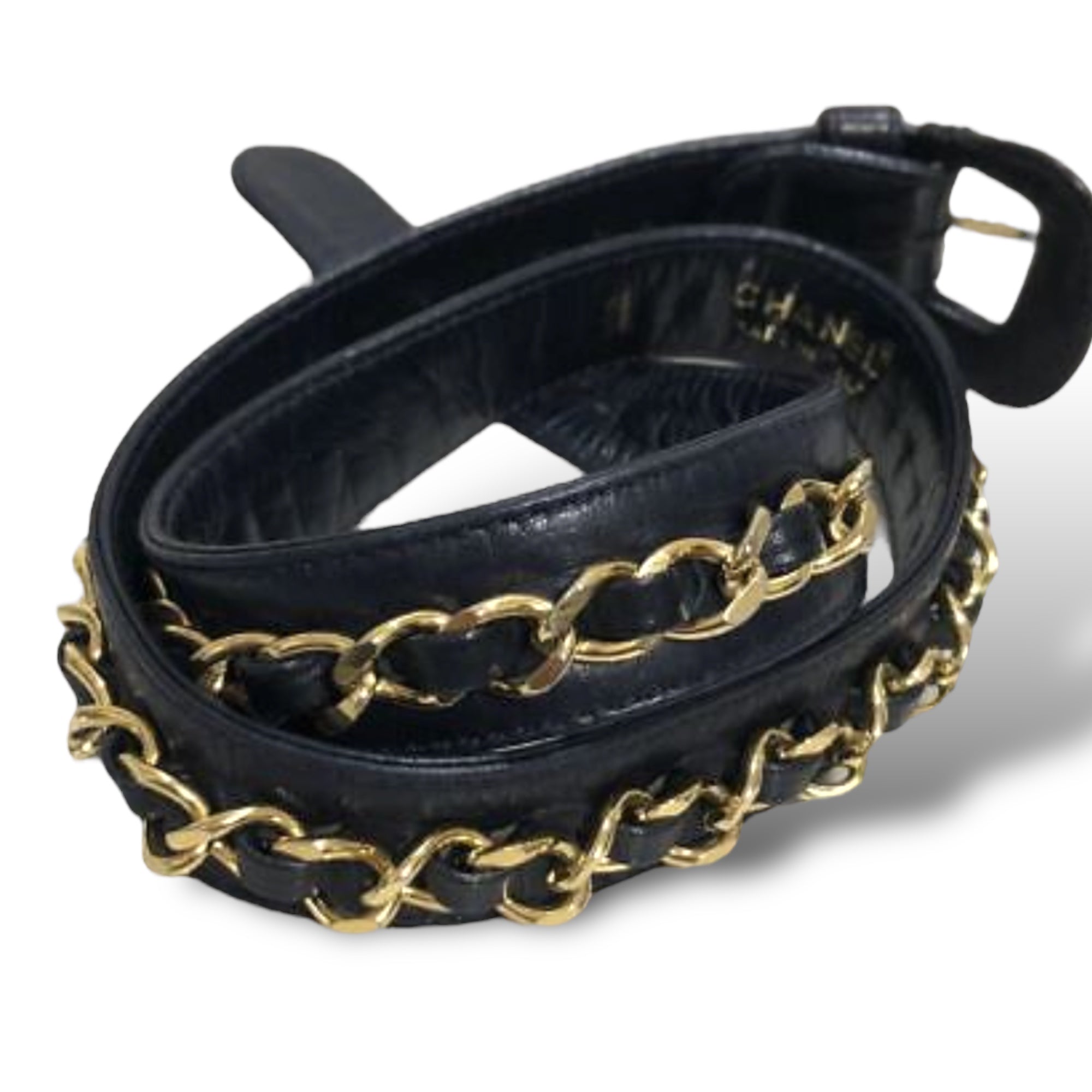 CHANEL Gold Plated Chainlink Motif Vintage Belt in Dark Navy Blue Leather |Size: 65/26|
