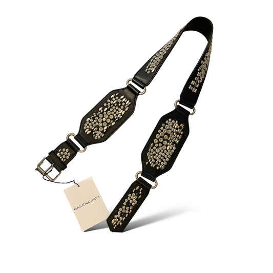 BALENCIAGA PARIS Black Leather Belt with Silver Grommet Accents |SIZE: 85/34|