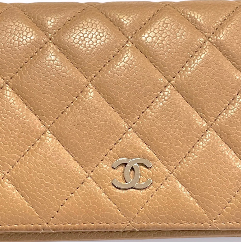 CHANEL L-Yen Wallet Quilted Tan Caviar Leather